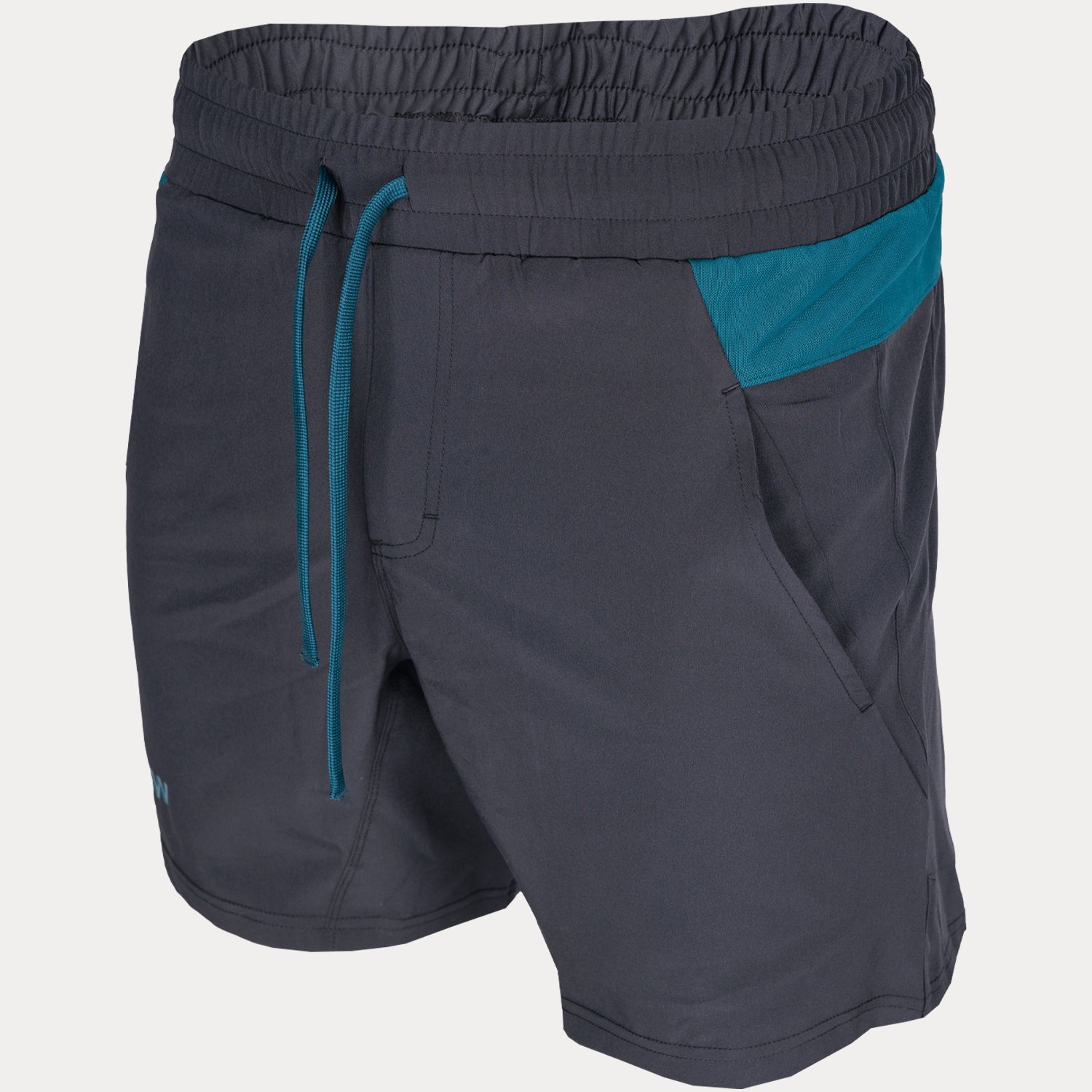 compression short in black with hydrow blue stripe and tie string 