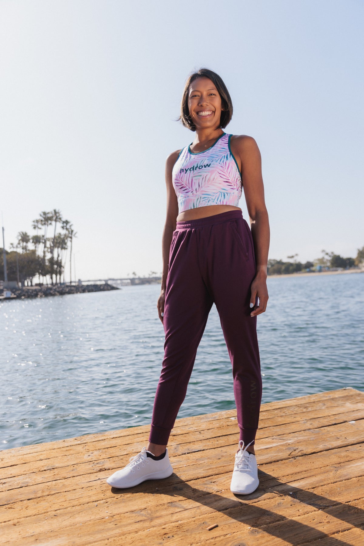 Woman in plum flow jogger