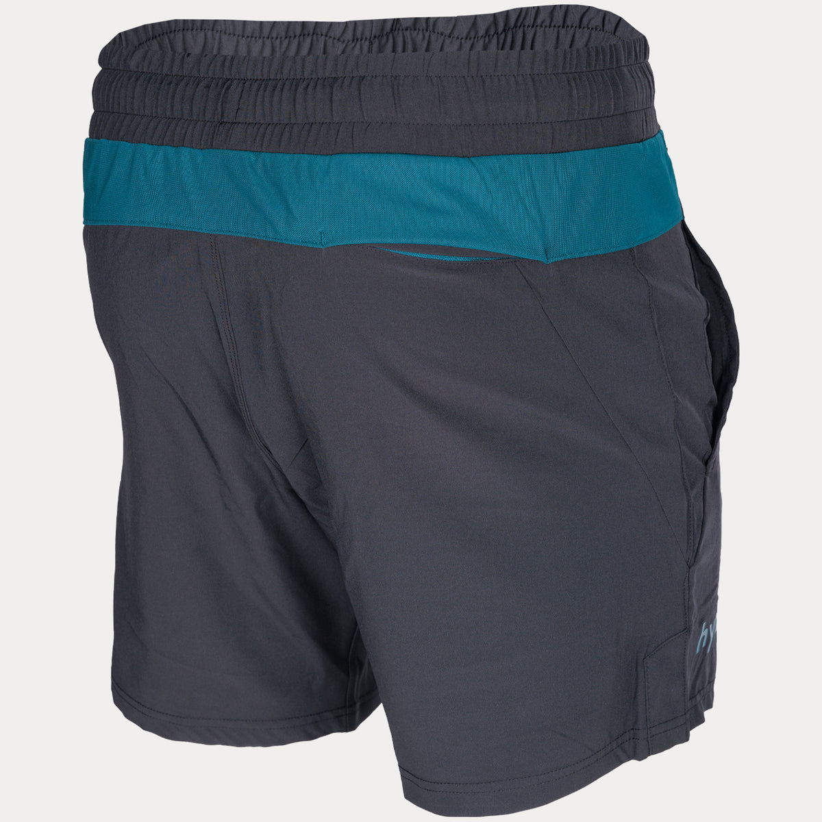 back view compression short in black with hydrow blue stripe and tie string