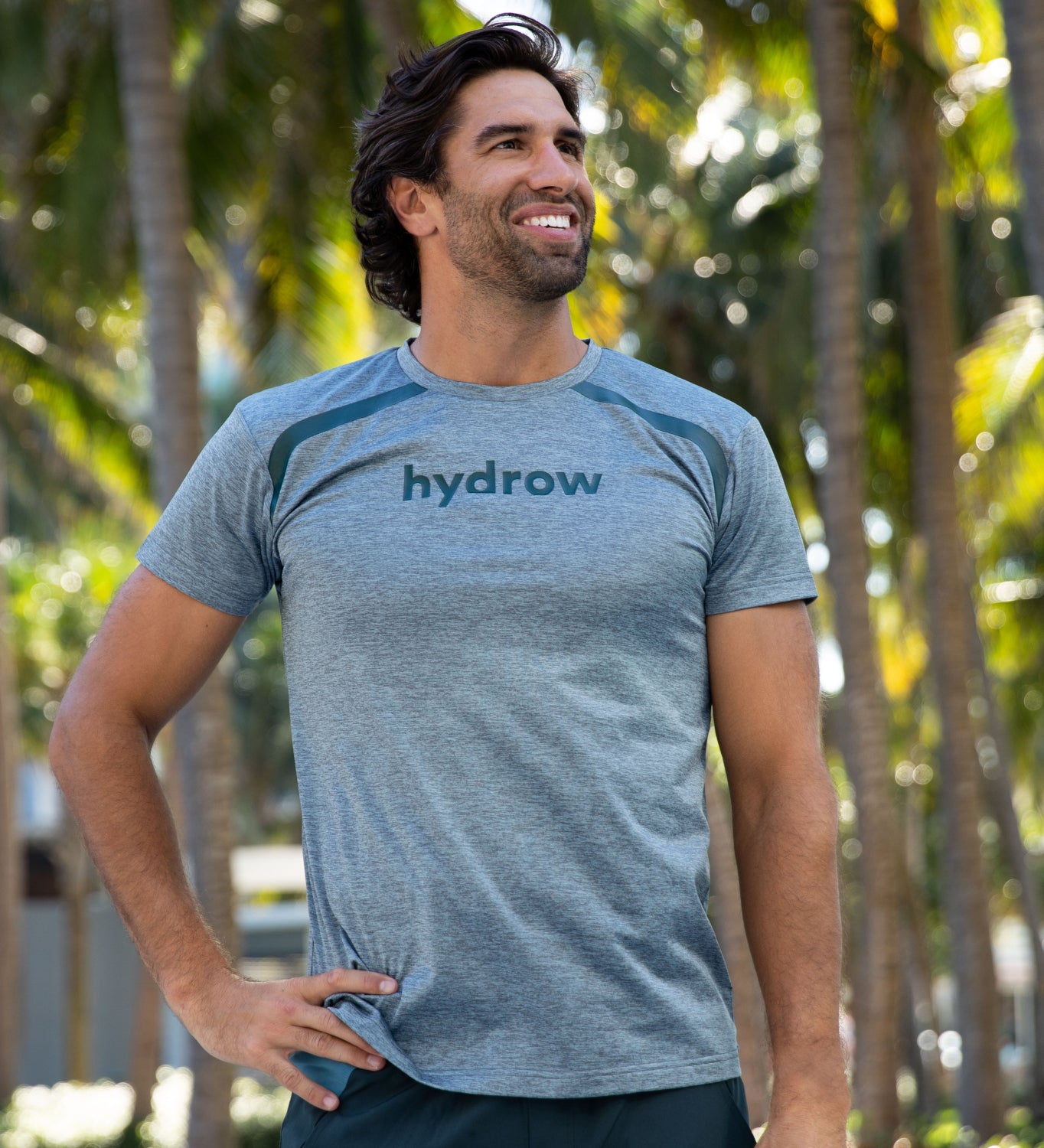 Grey Moisture wicking crew tee with hydrow logo on chest