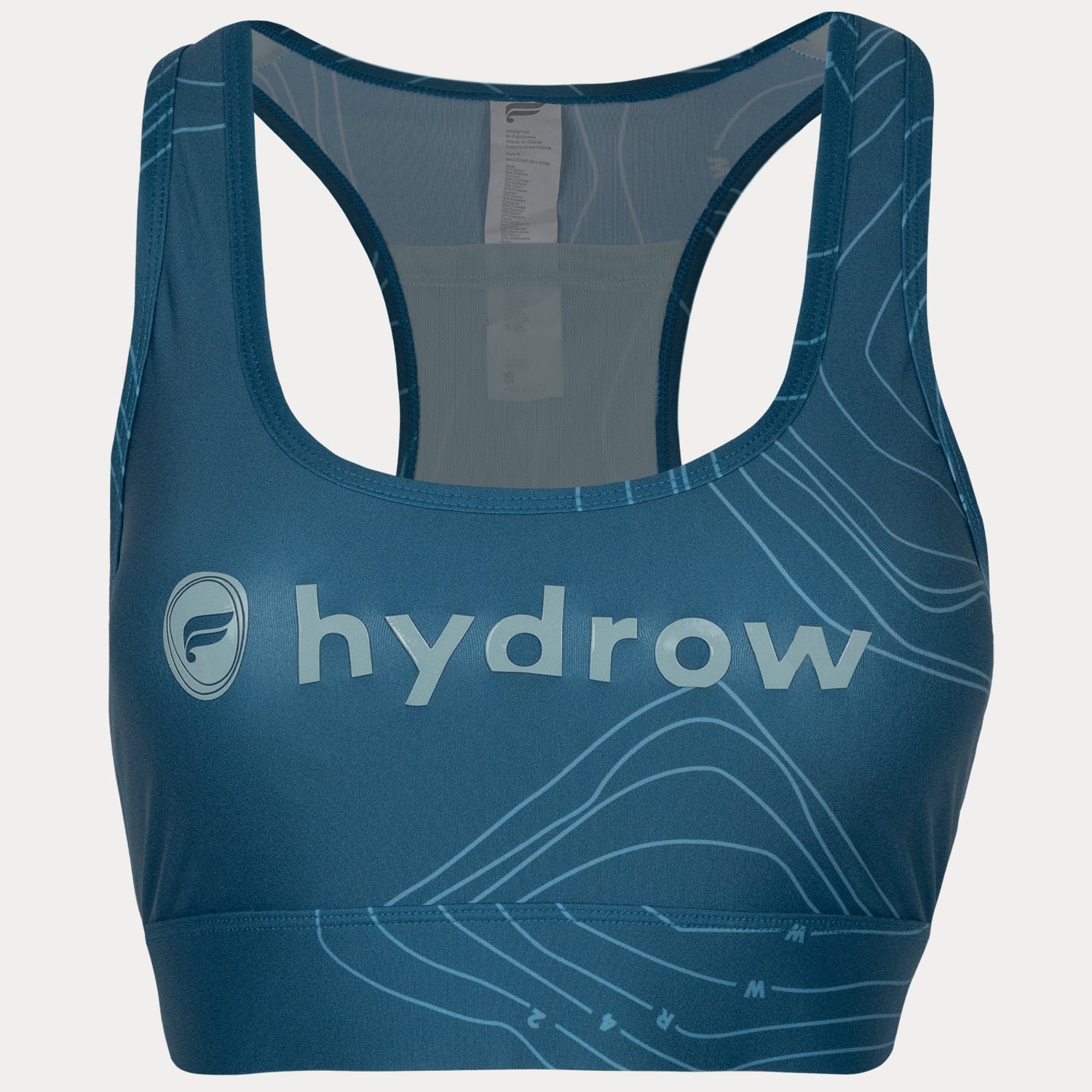 Blue Sport Bra with hydrow logo on front and bathymetic lines pattern