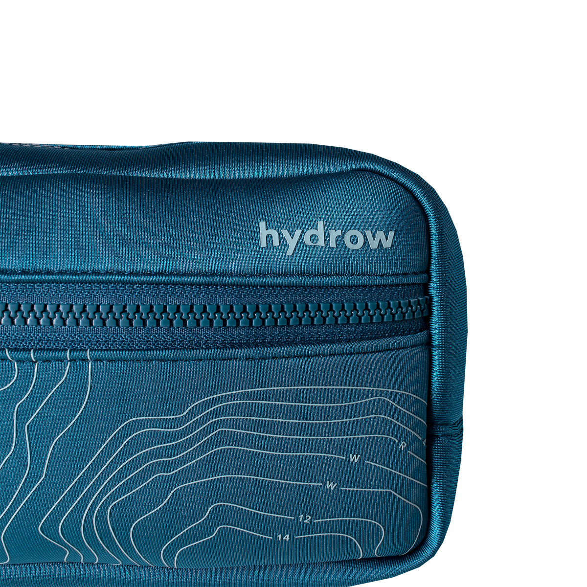 closeup of front of blue hydrow fanny pack showing zipper and hydrow logo
