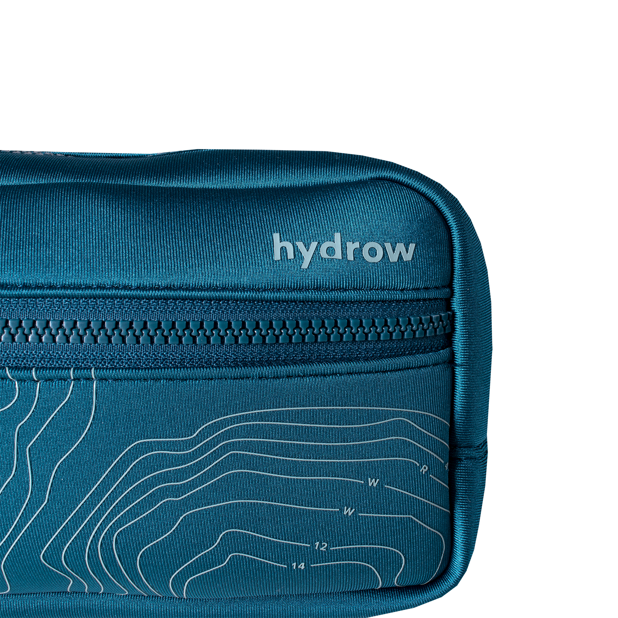 Front view of blue hydrow fanny back with bathymetric line print