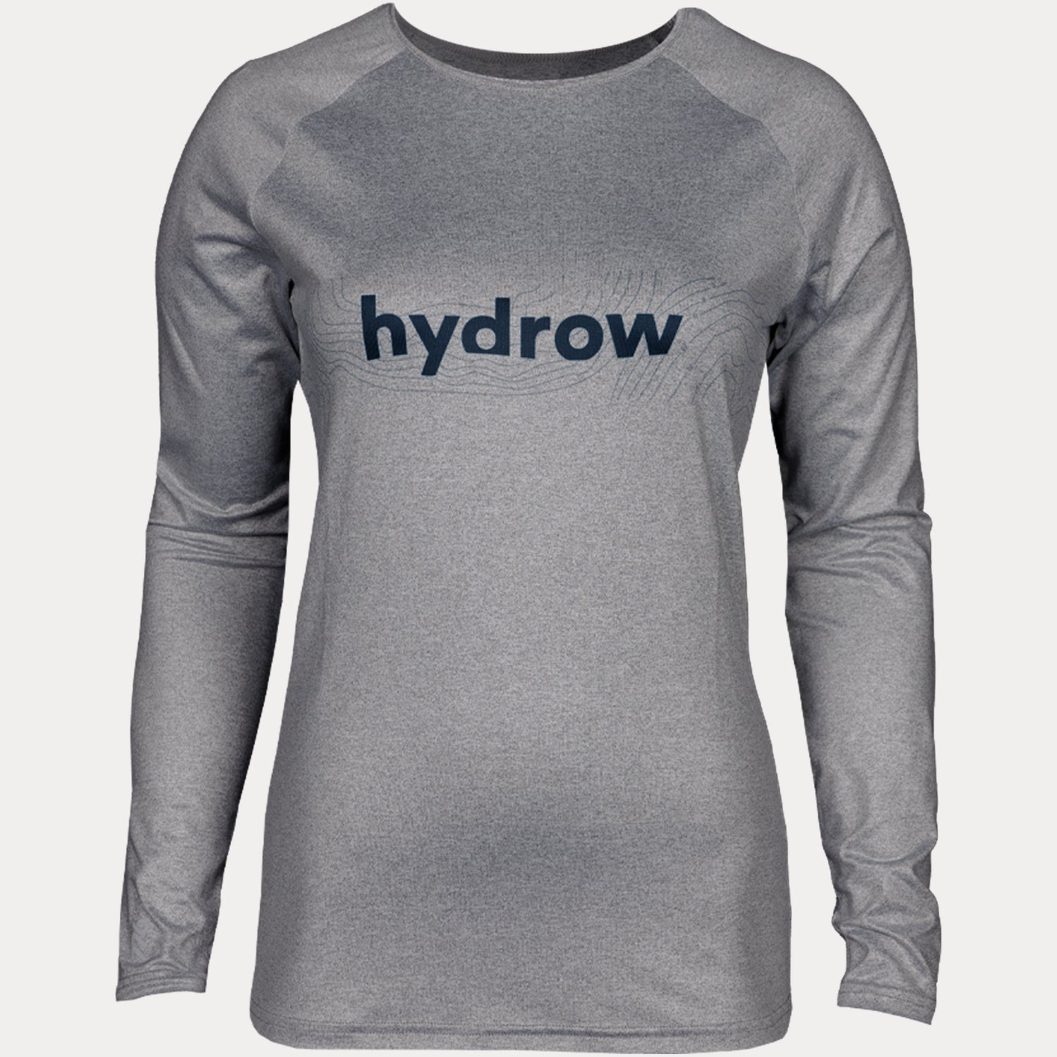 Grey women's longsleeve shirt with dark blue hydrow logo on chest