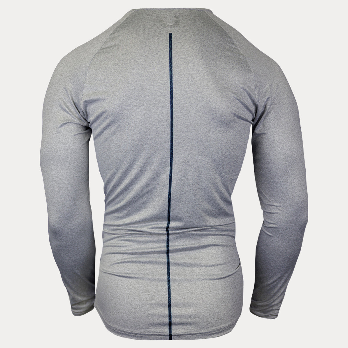 back view of grey ls shirt with blue vertical line on back
