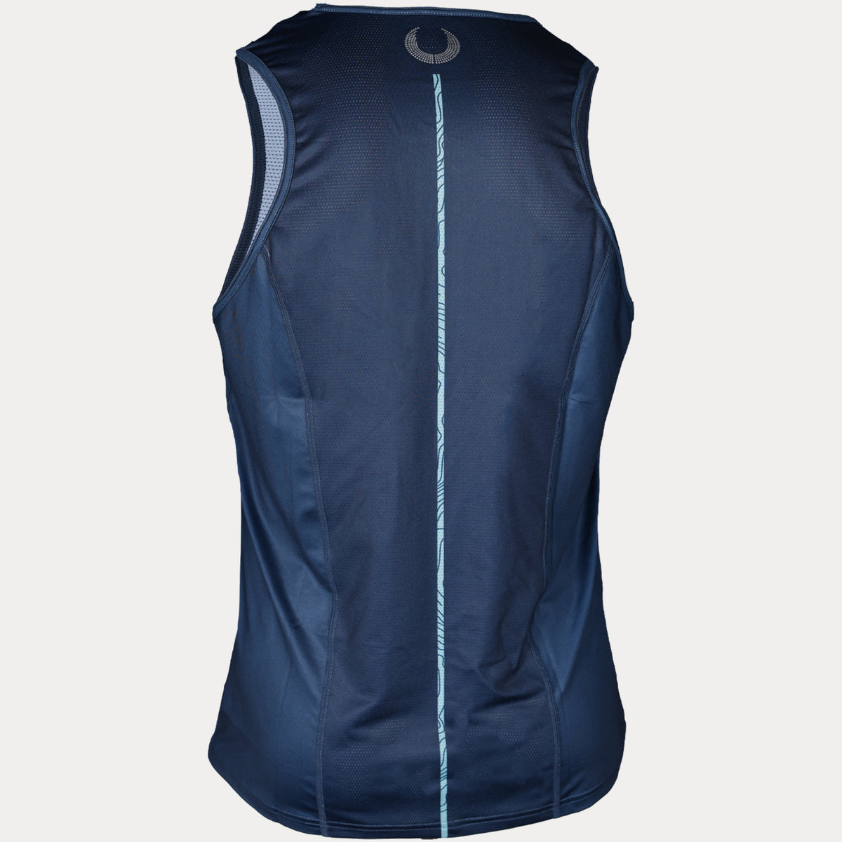 back of dark blue hydrow training tank with vertical light blue line