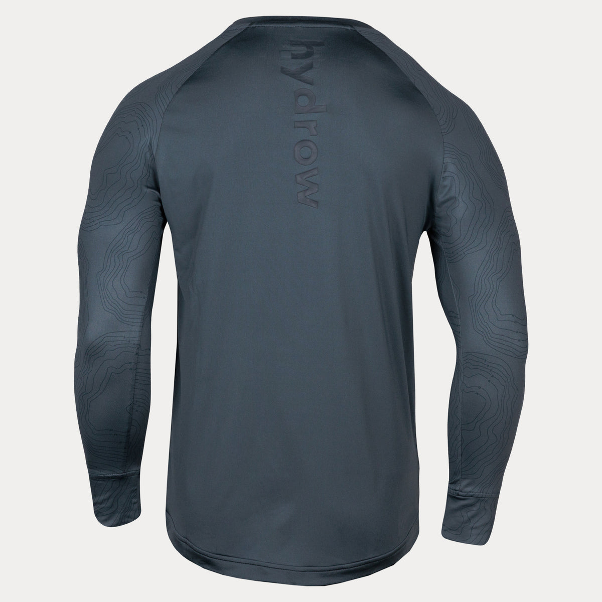 back view of long sleeve compression shirt with vertical &quot;hydrow&quot; text