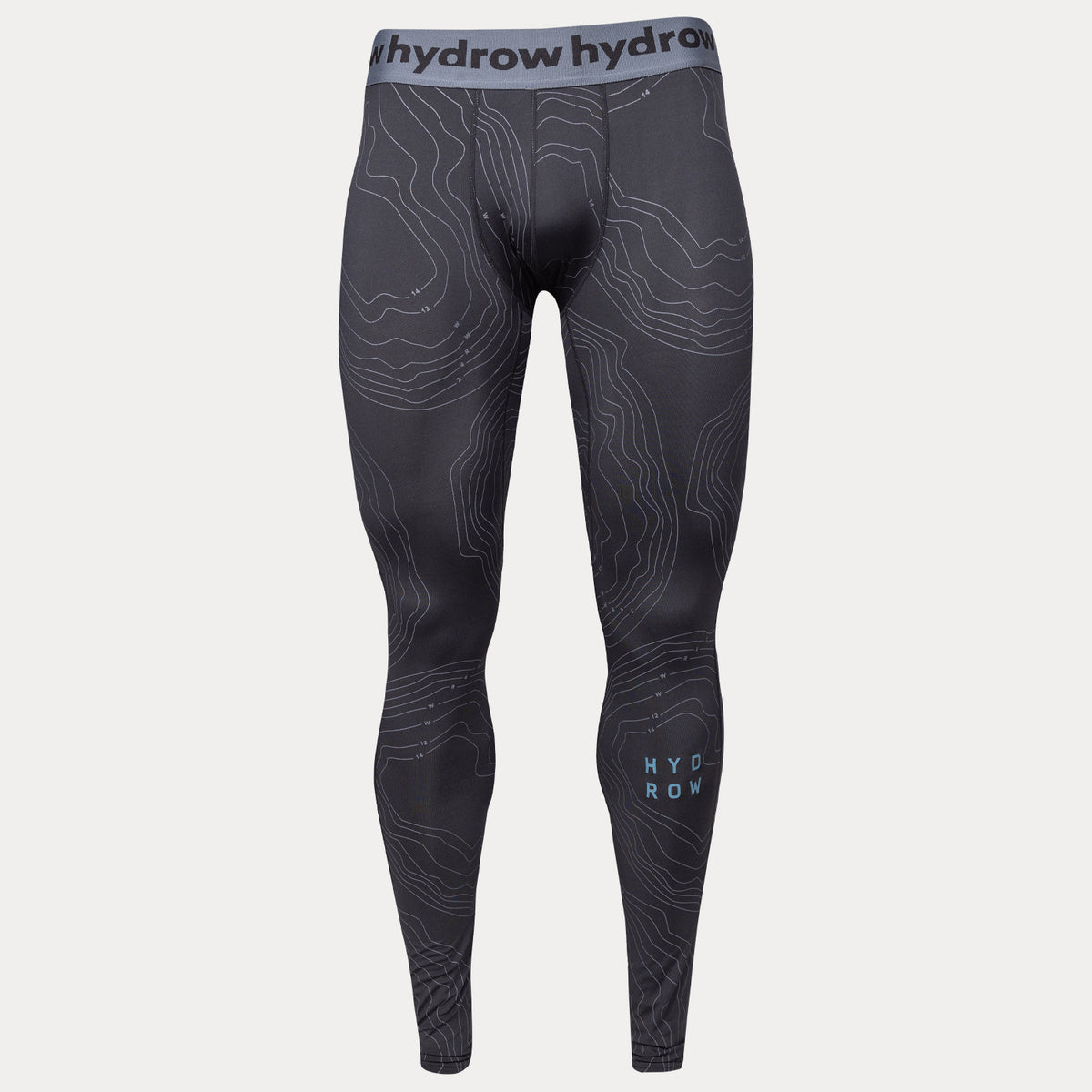 black active compression tights with hydrow logo on waistband and &quot;HYDROW&quot; test on left shin with bathymetric lines pattern