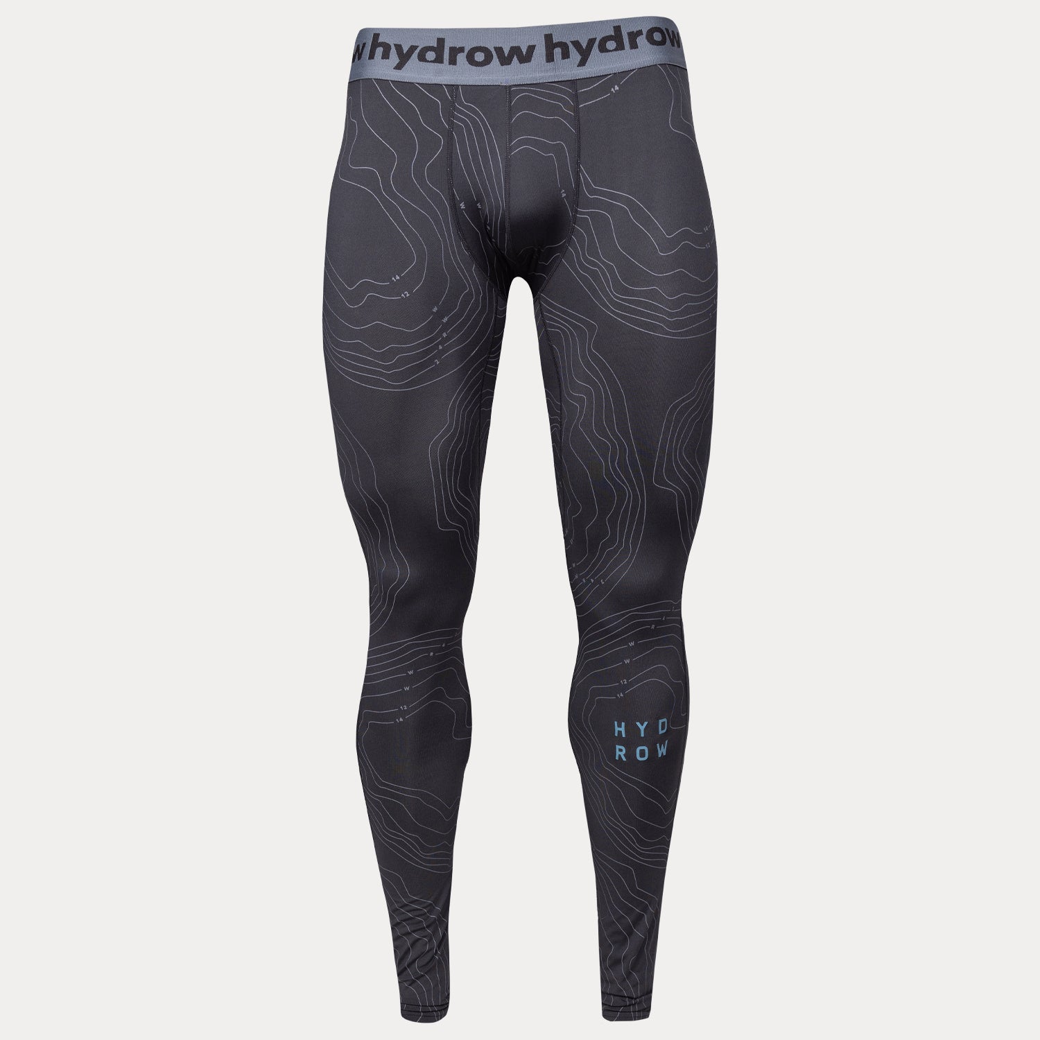 black active compression tights with hydrow logo on waistband and "HYDROW" test on left shin with bathymetric lines pattern
