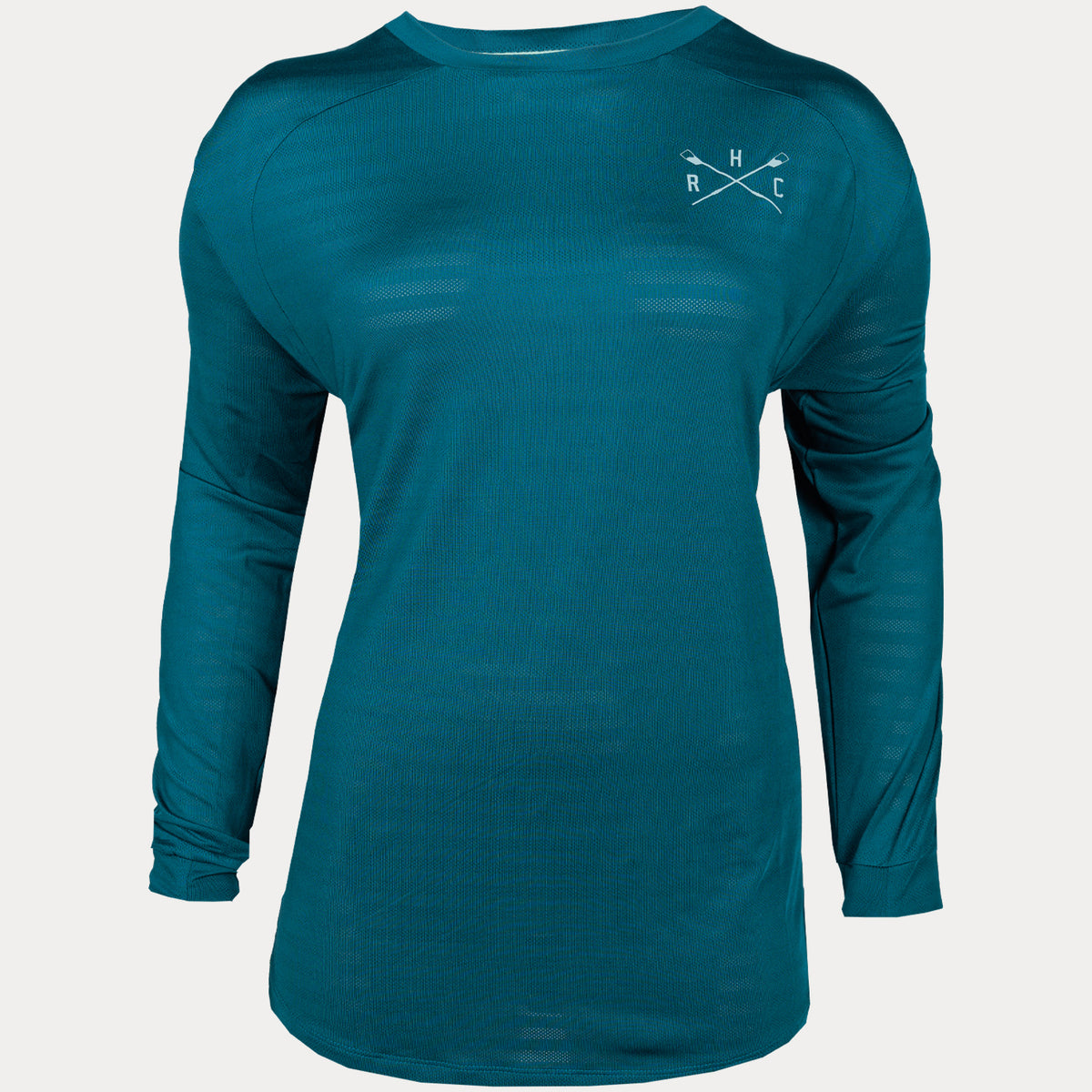 Dark blue long sleeve breathable long sleeve womens shirt with Hydrow crossed logo on left chest