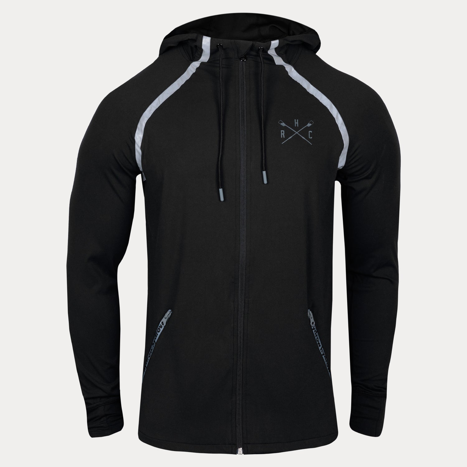 black full zip hoodie with hydrow crossed oars logo on left chest