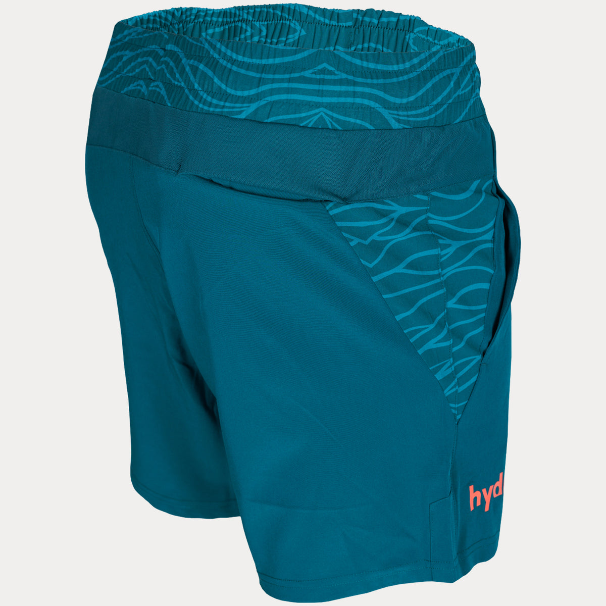 rear view of hydrow wave 3 pocket 7&quot; shorts in dark blue