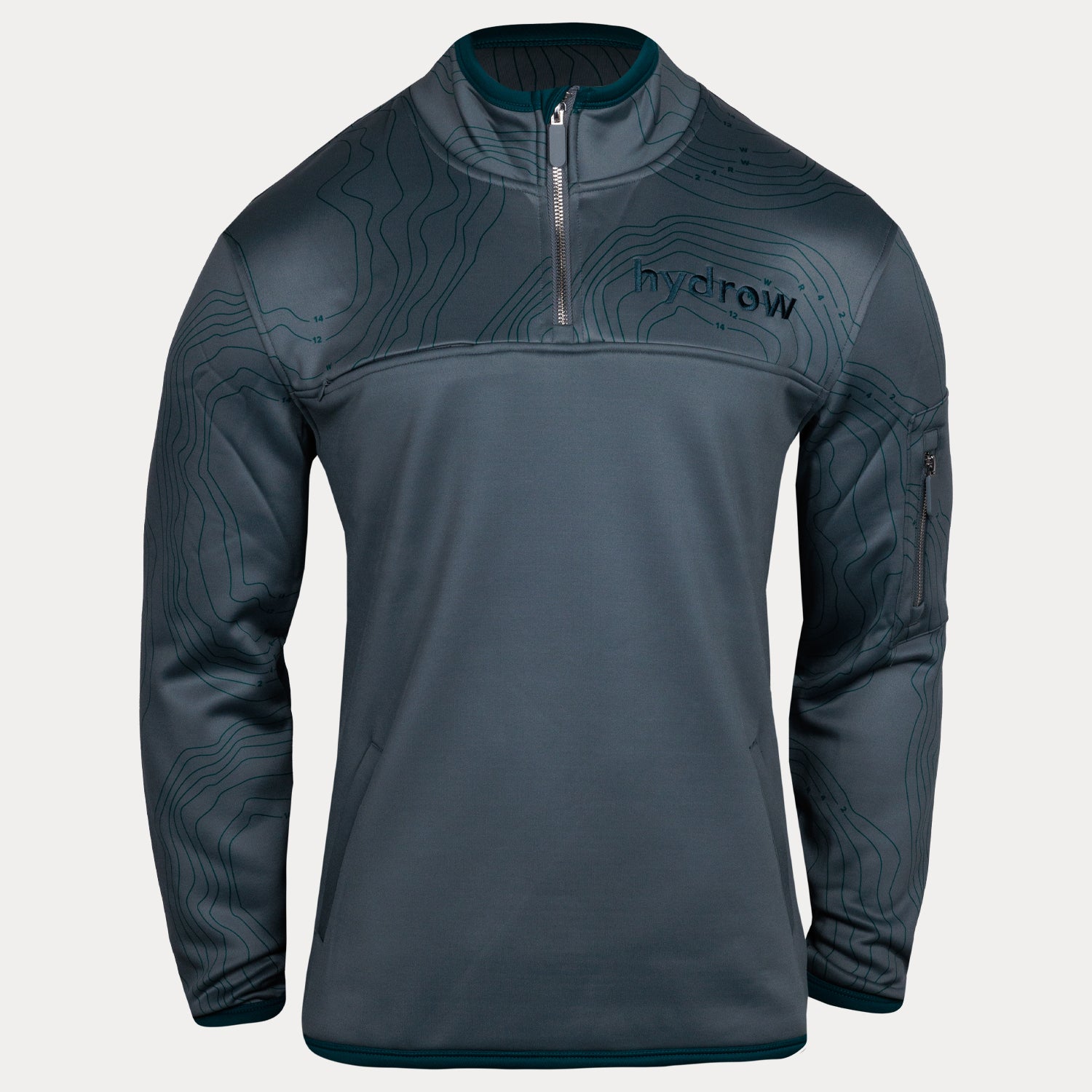 gray 1/4 zip pullover with bathymetric lines on shoulders and sleeves and hydrow logo on left chest