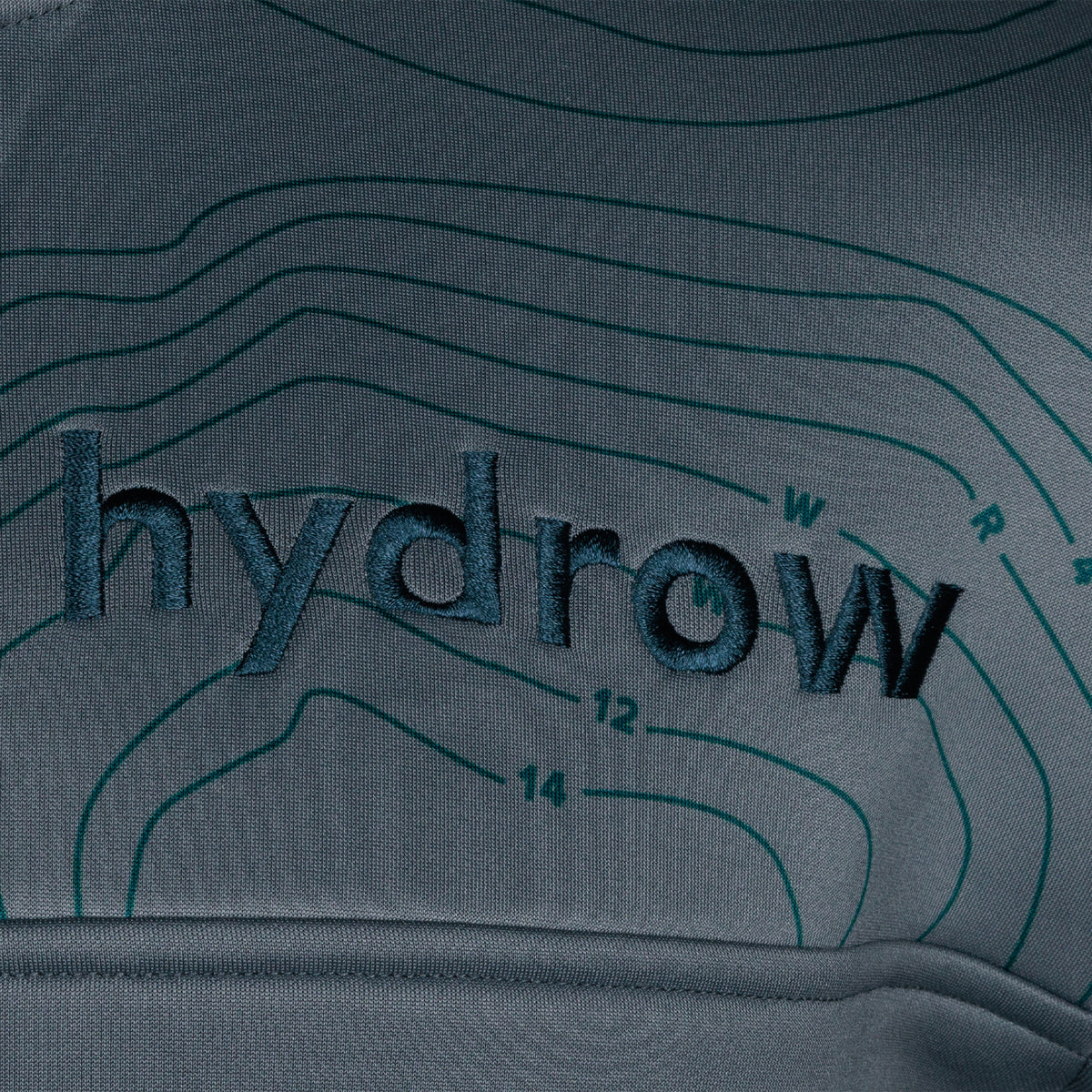 closeup of hydrow logo and bathymetric lines on 1/4 zip pullover