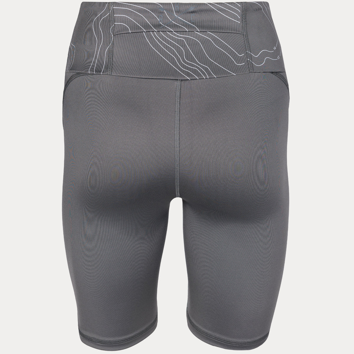 rear view photo of compression shorts in charcoal showing contour lines on waistband and hrc crossed oar logo on rear waistband
