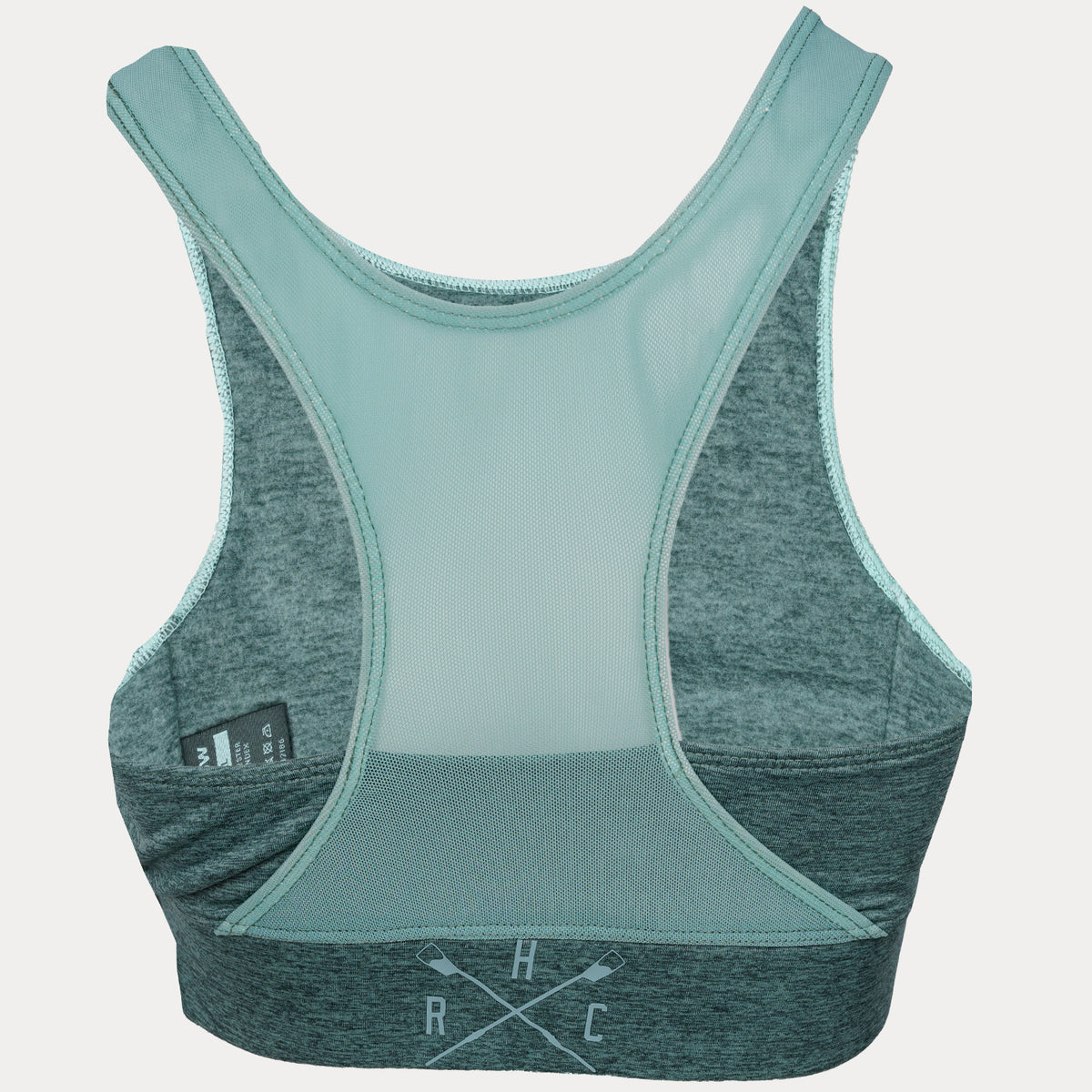 back of forest green high impact heathered sports bra