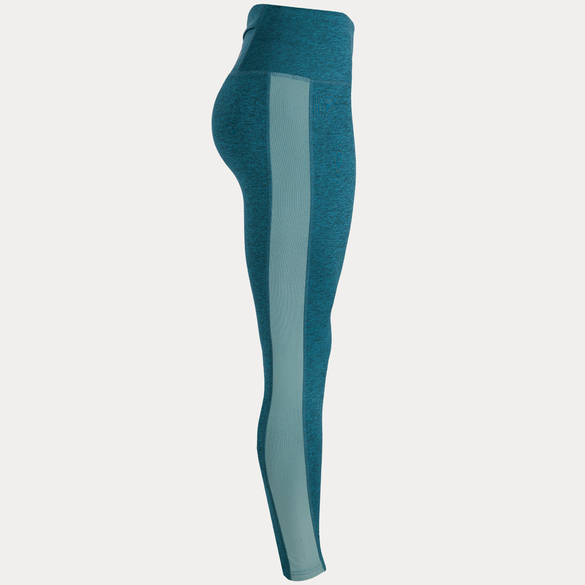 side view of heathered leggings in dark blue with mesh running along side