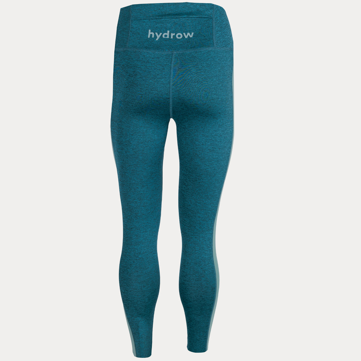 back  view of heathered leggings in dark blue with hydrow logo on rear upper