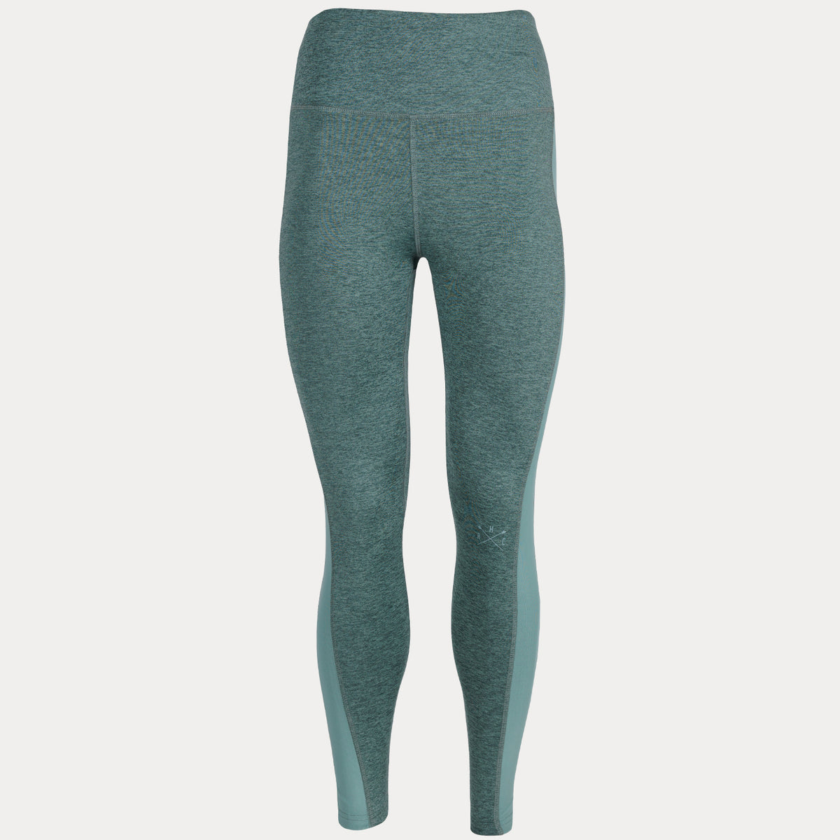 photo of forest green heathered leggings from front crossed HRC oars logo on left knee