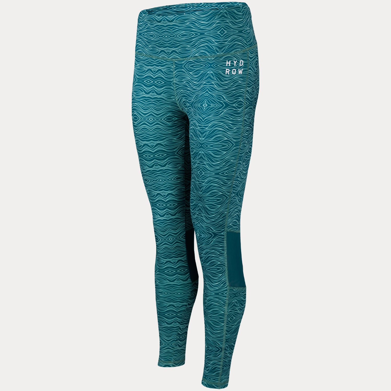 front view photo of wave pattern leggings with hydrow logo on left near hemline at top