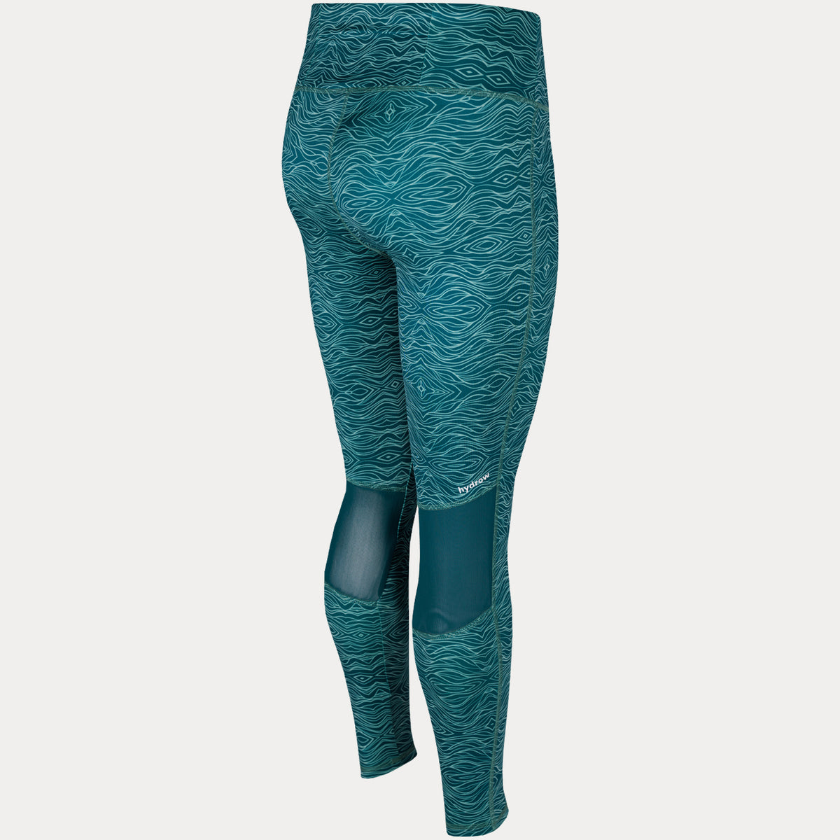 back view photo of wave pattern leggings with hydrow logo behind right knee