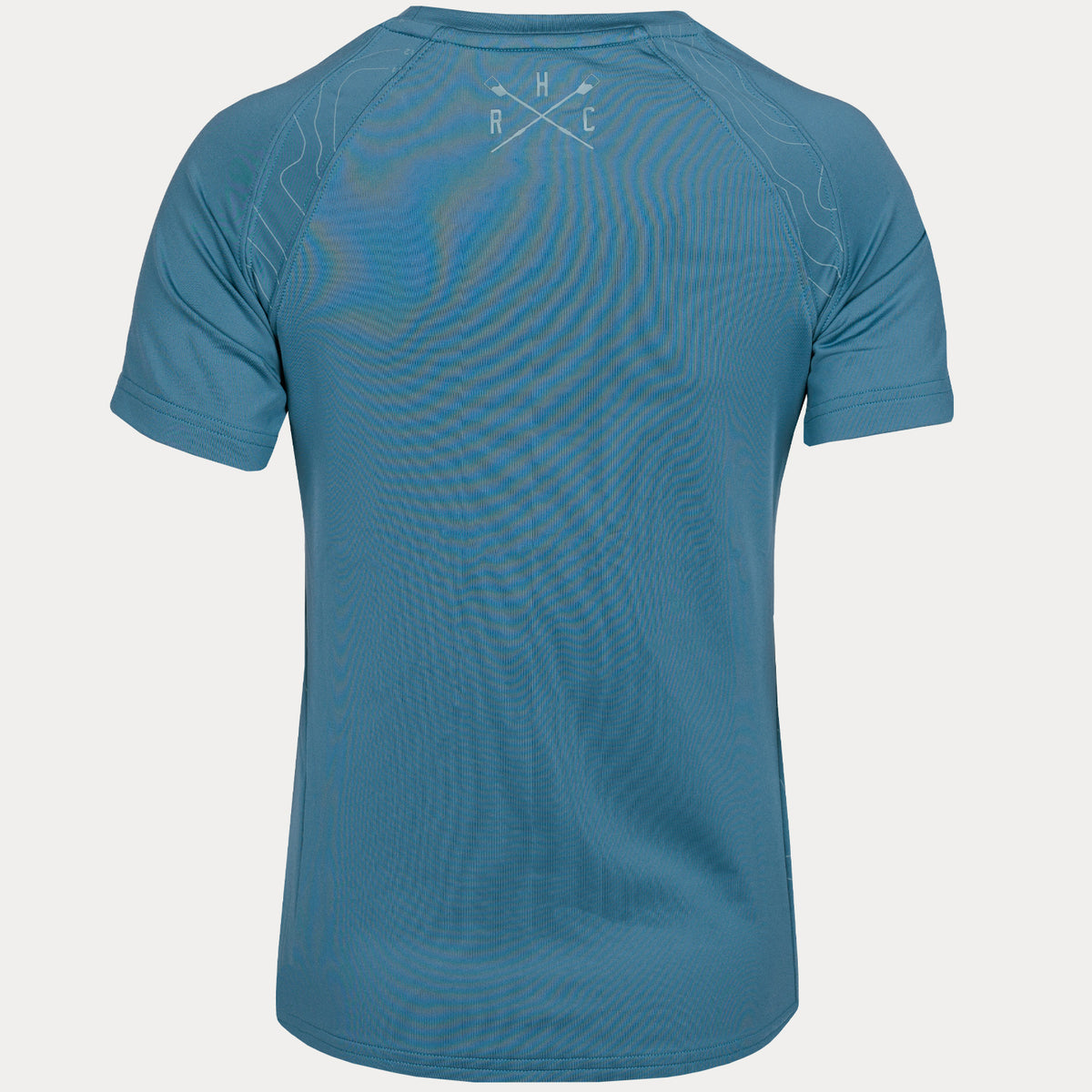 rear view of moisture wicking compression tee in gray with hrc crossed oar logo between shoulders