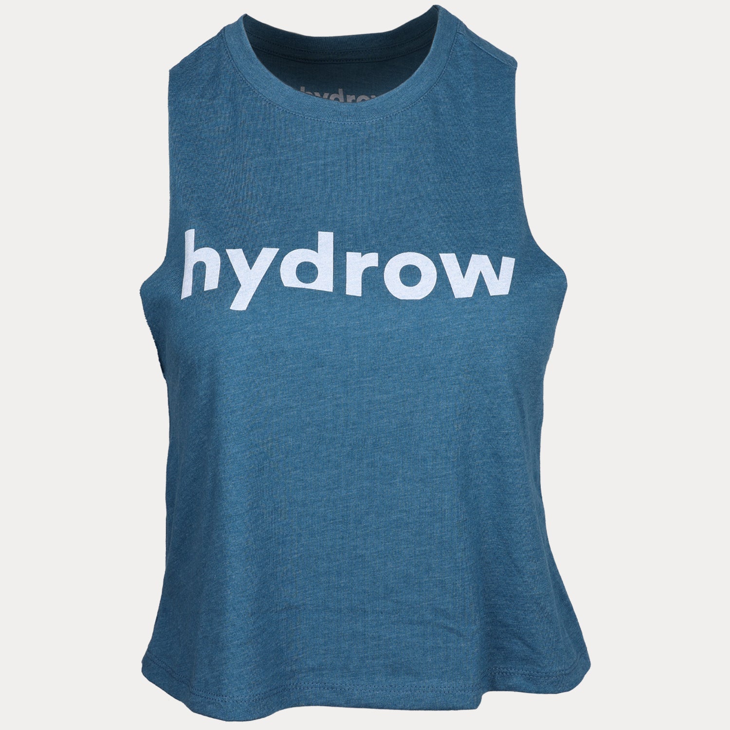 Deep Heather Teal racerback cropped tank with white linear hydrow logo on chest
