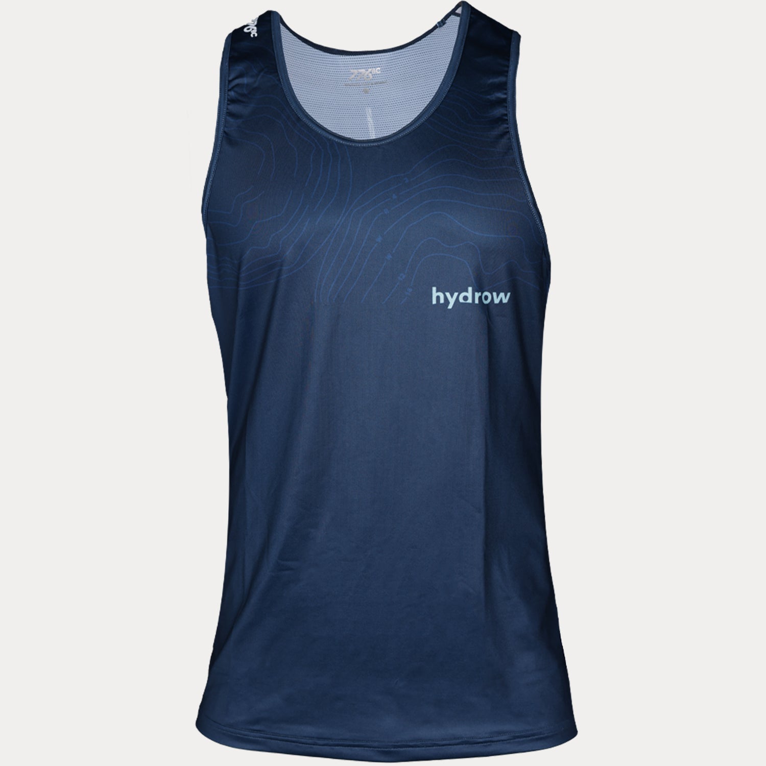 dark blue tank with small hydrow logo on lower left chest and map line graphic