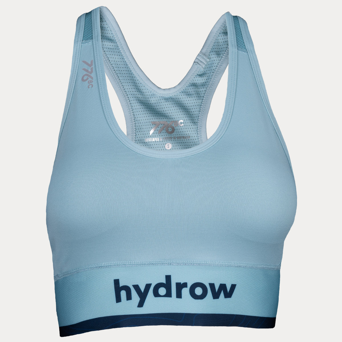 light blue women&#39;s pro sports crop with dark blue hydrow logo on upper stomach and dark blue strip at bottom