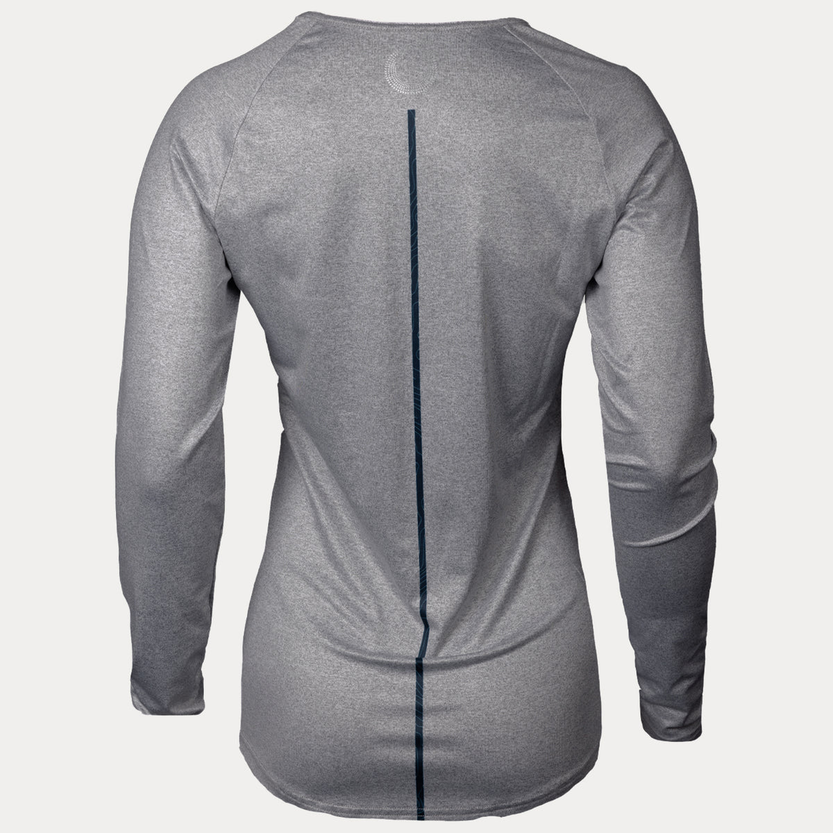back of grey womans longsleeve active shirt with dark blue vertical line on back