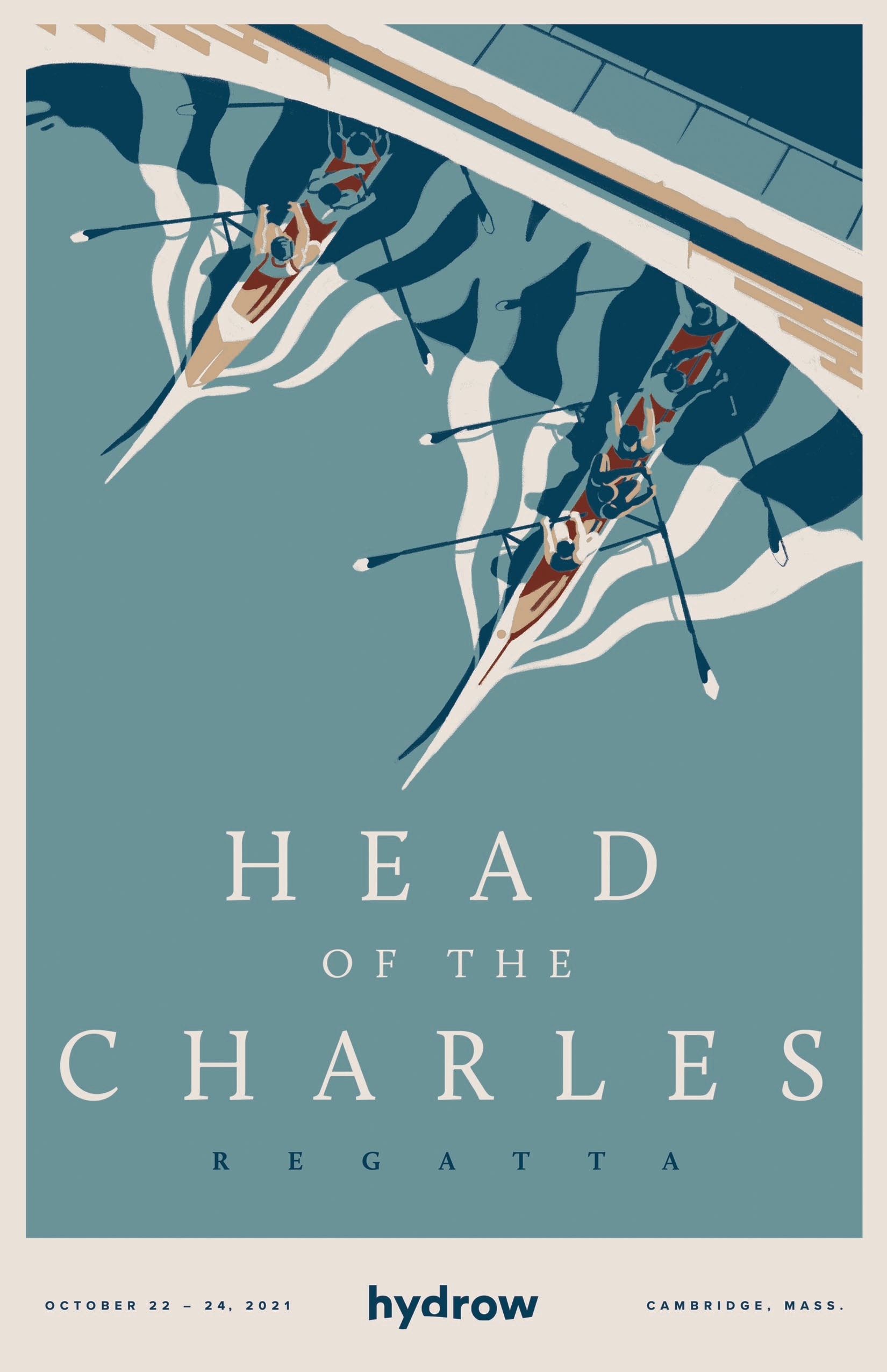 poster of graphic of 2 row boats rowing under bridge with text "HEAD OF THE CHARLES REGATTA OCTOBER 22 - 24, 2021 hydrow CAMBRIDGE, MASS."