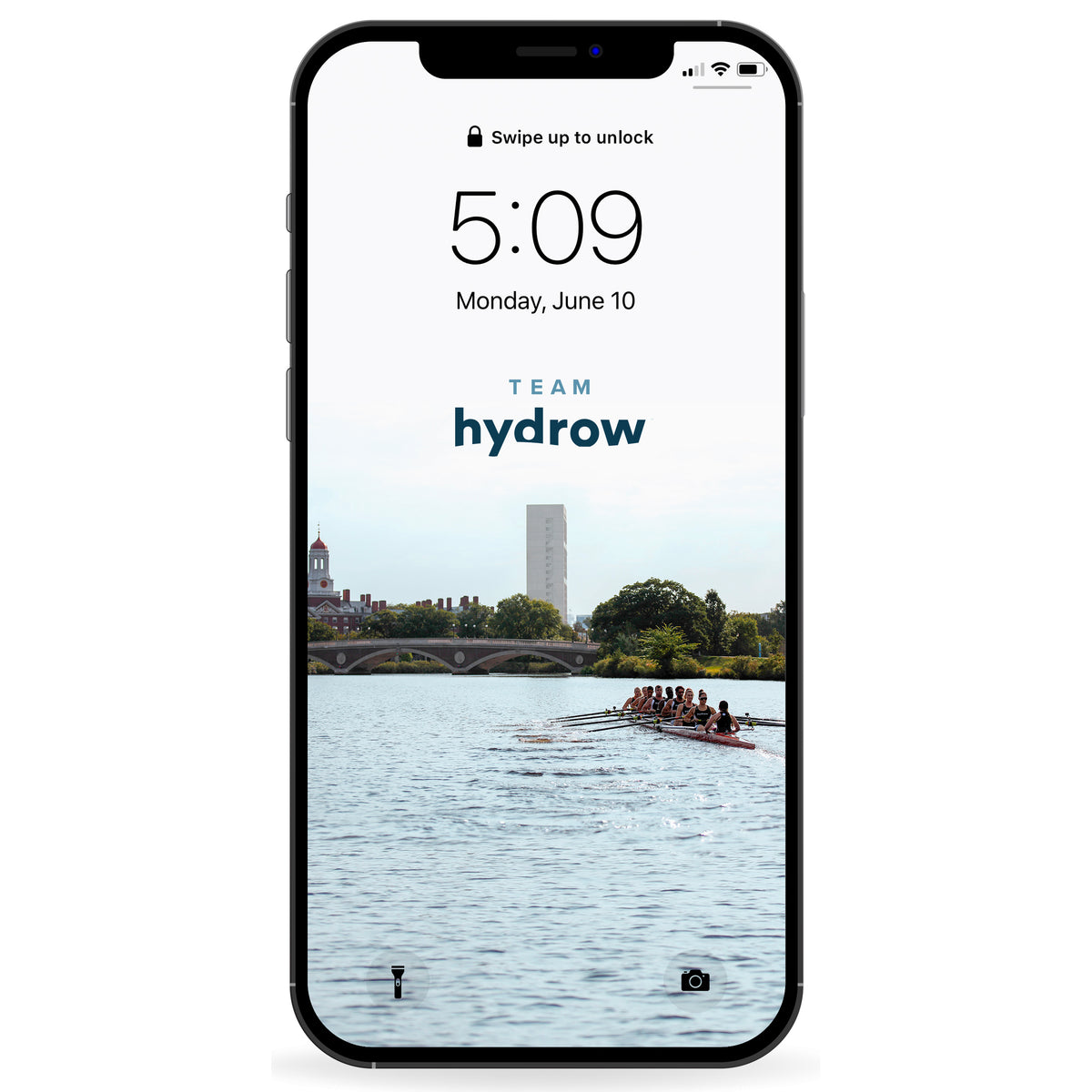 phone background featuring image of crew rowing in river and text &quot;TEAM hydrow&quot;