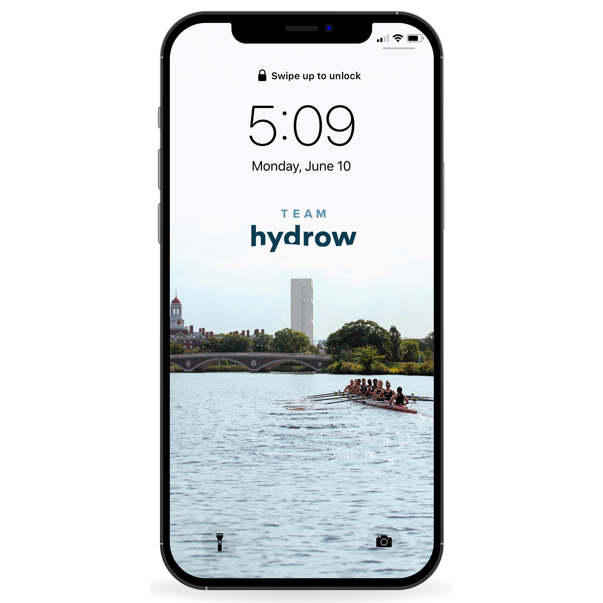 phone background featuring image of crew rowing in river and text "TEAM hydrow"