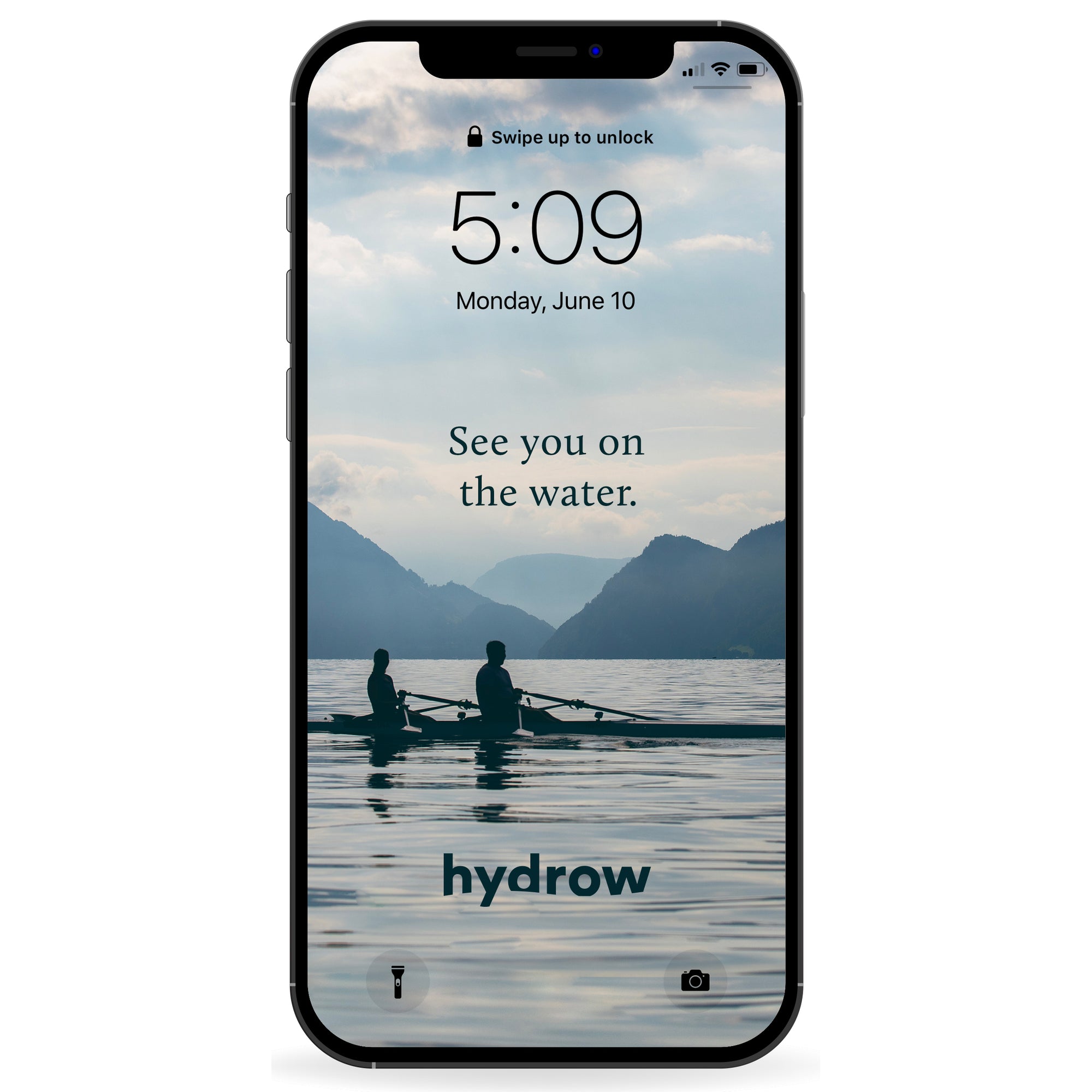 phone background featuring 2 people rowing in boat and text "See you on the water. hydrow"