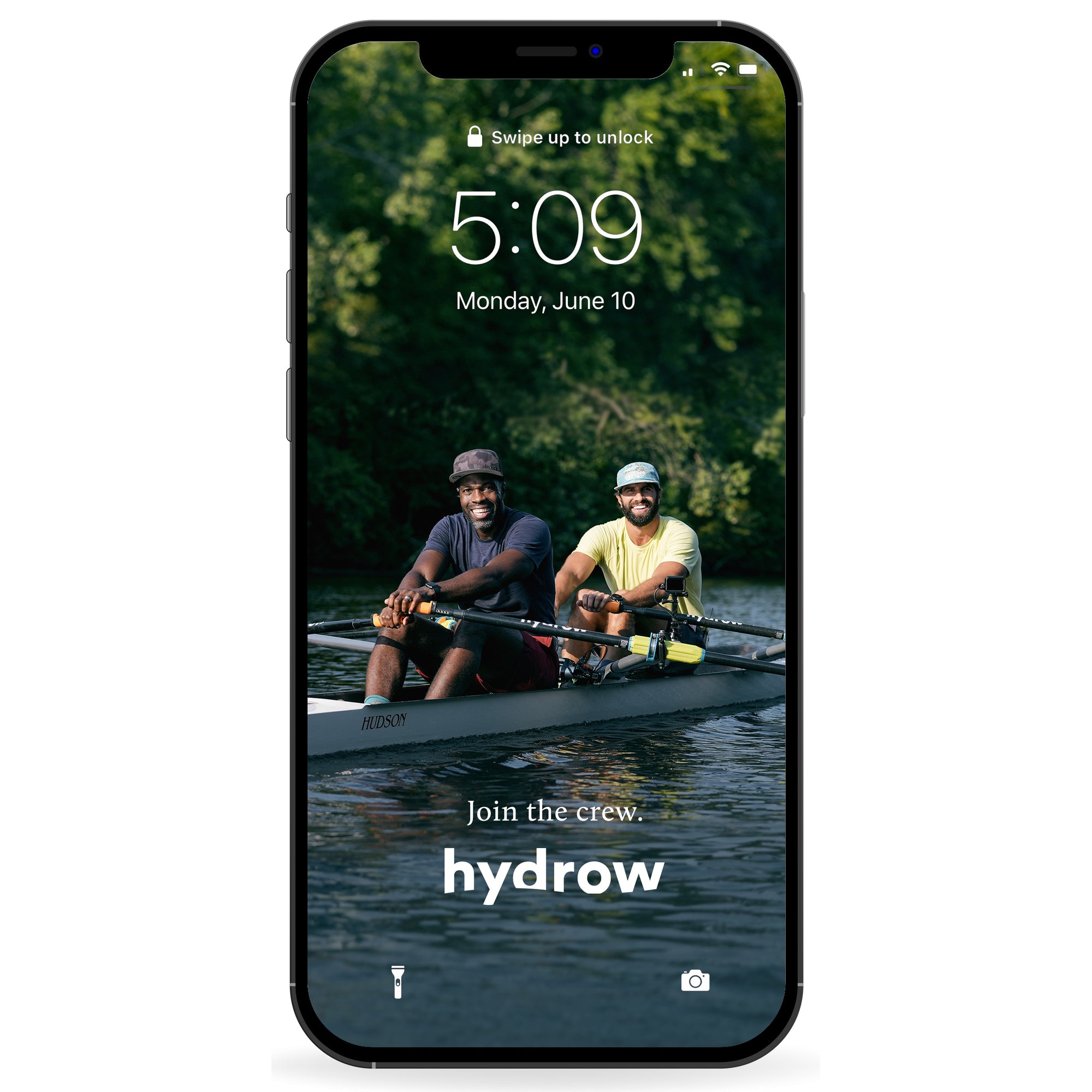 phone wallpaper featuring 2 people rowing in boat and text "Join the crew. hydrow"
