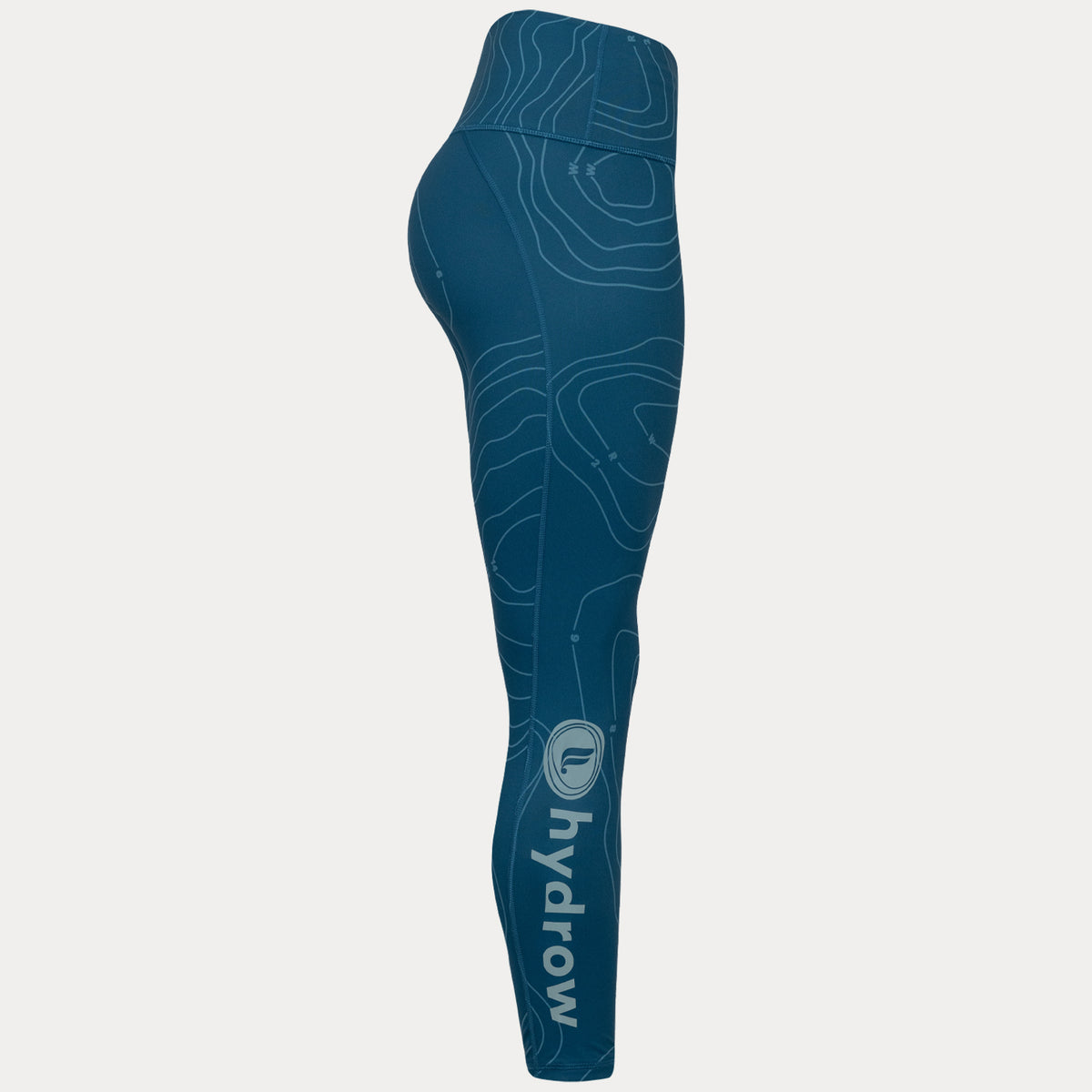 side view of Dark blue high waisted 7/8 legging with light blue bathymetic line pattern showing hydrow logo on right calf