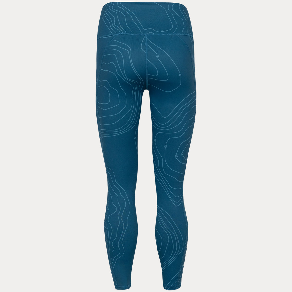 back view of dark blue high waisted 7/8 legging with light blue bathymetic line pattern