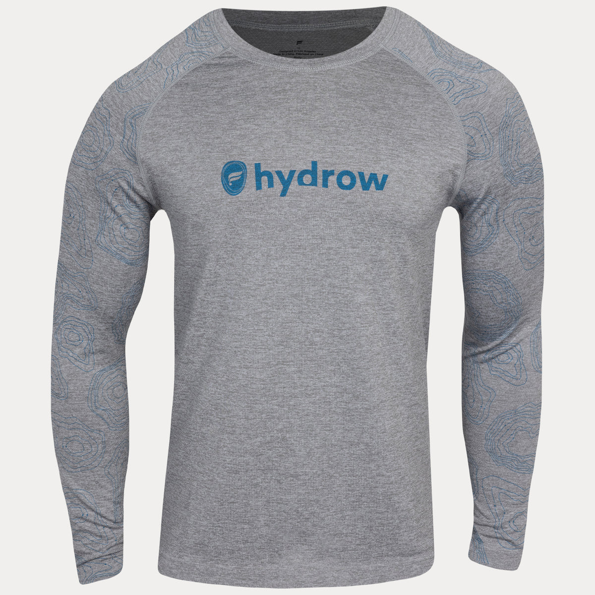 grey men&#39;s long sleeve shirt with dark blue Fabletics and hydrow logo on front
