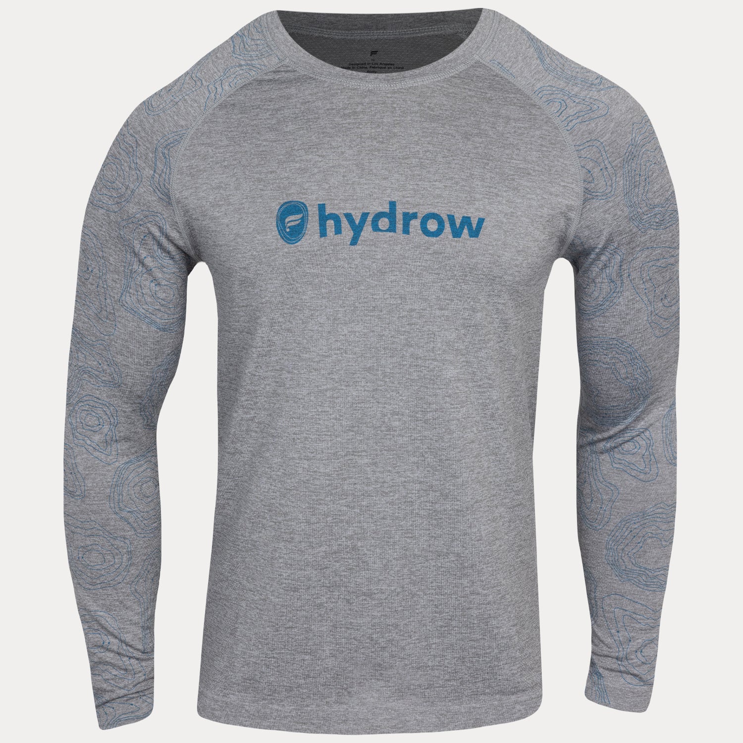 grey men's long sleeve shirt with dark blue Fabletics and hydrow logo on front