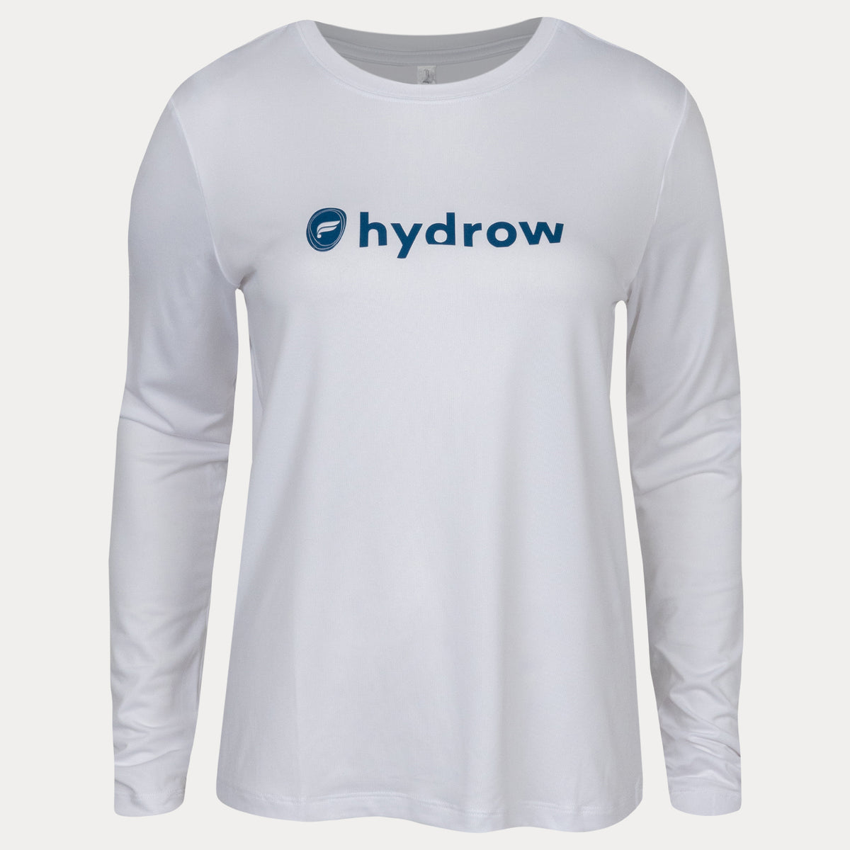 White long sleeve shirt with dark blue Fabletics and hydrow logo on front