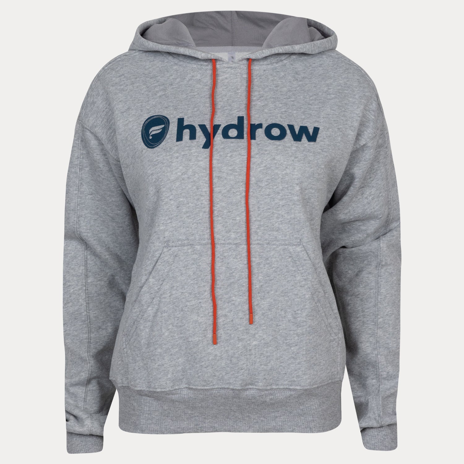 grey hoodie with dark blue Fabletics and hydrow logo on front and red drawstring