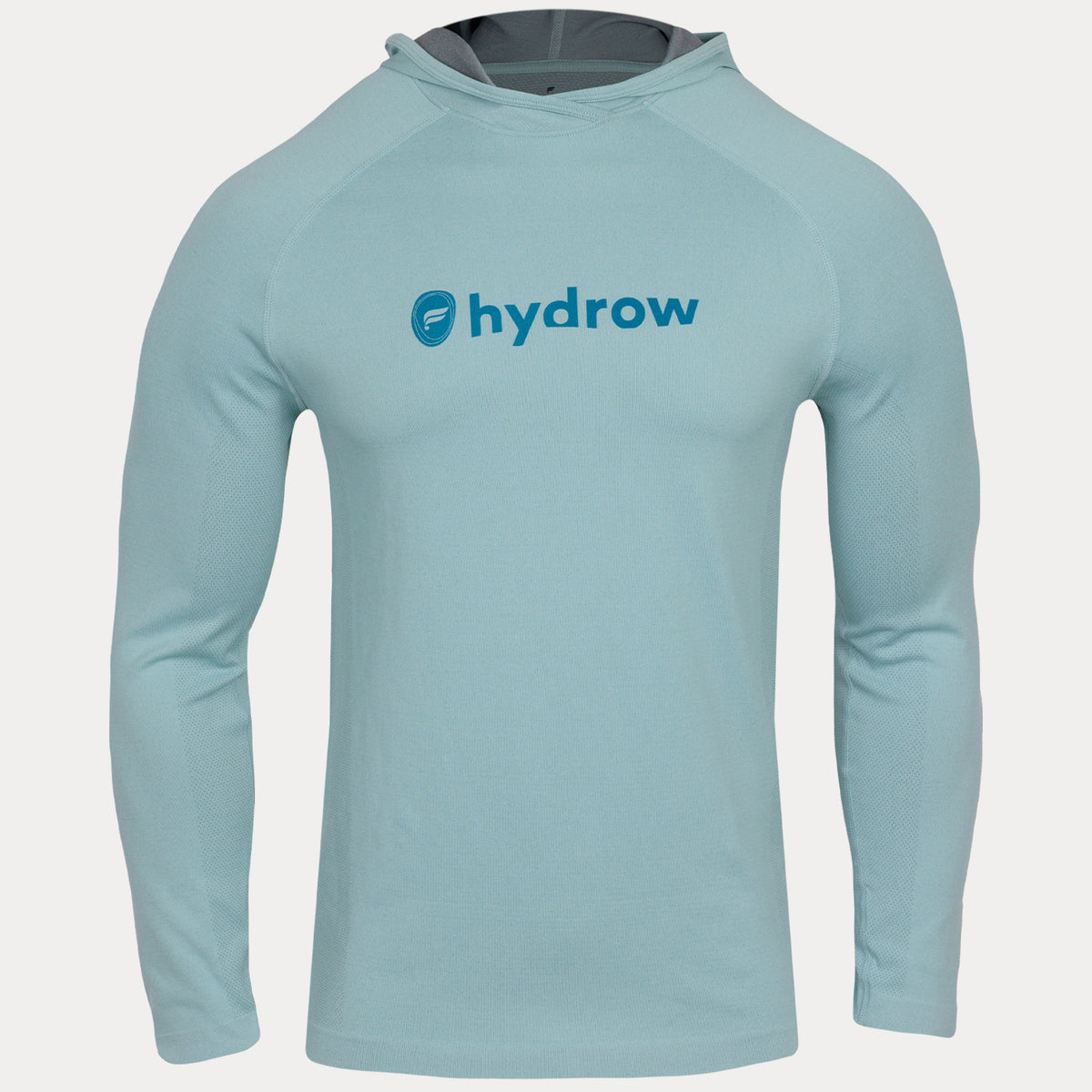 Light blue hoodie with dark blue Fabletics and Hydrow logo on front