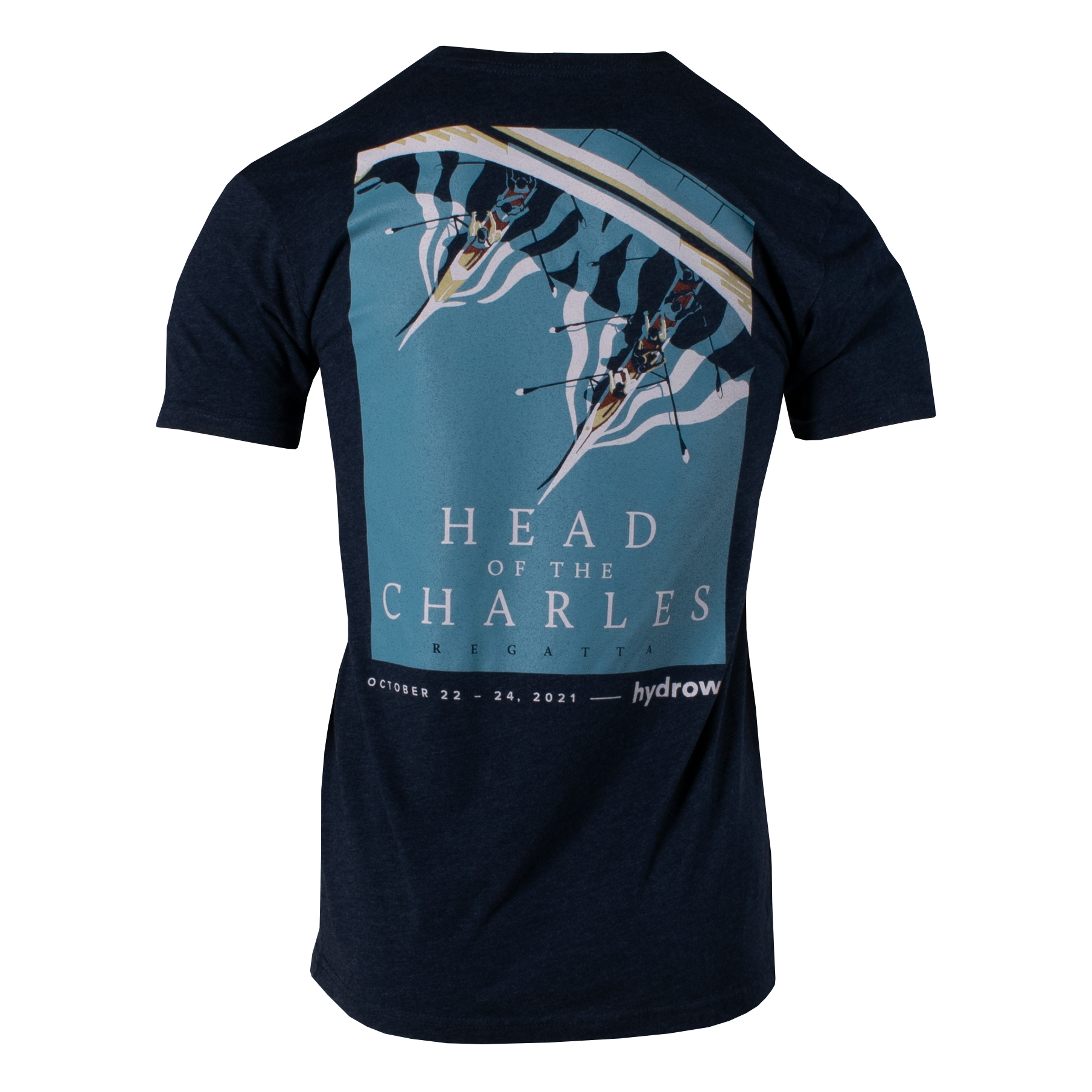 back view of navy shirt with head of the charles poster graphic
