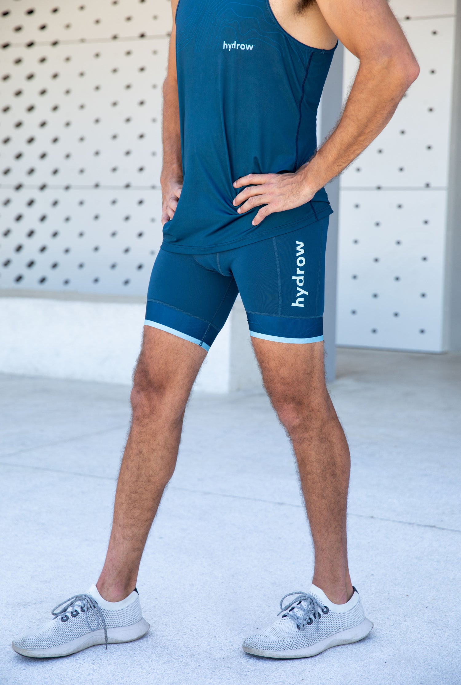 dark blue hydrow shorts with light blue hydrow text on leg