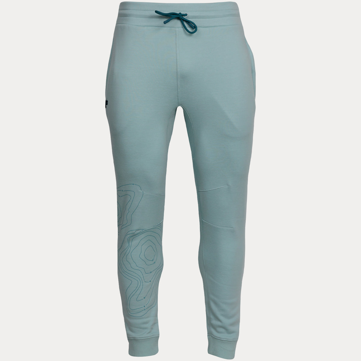 light blue jogger with bathymetric line pattern on right leg