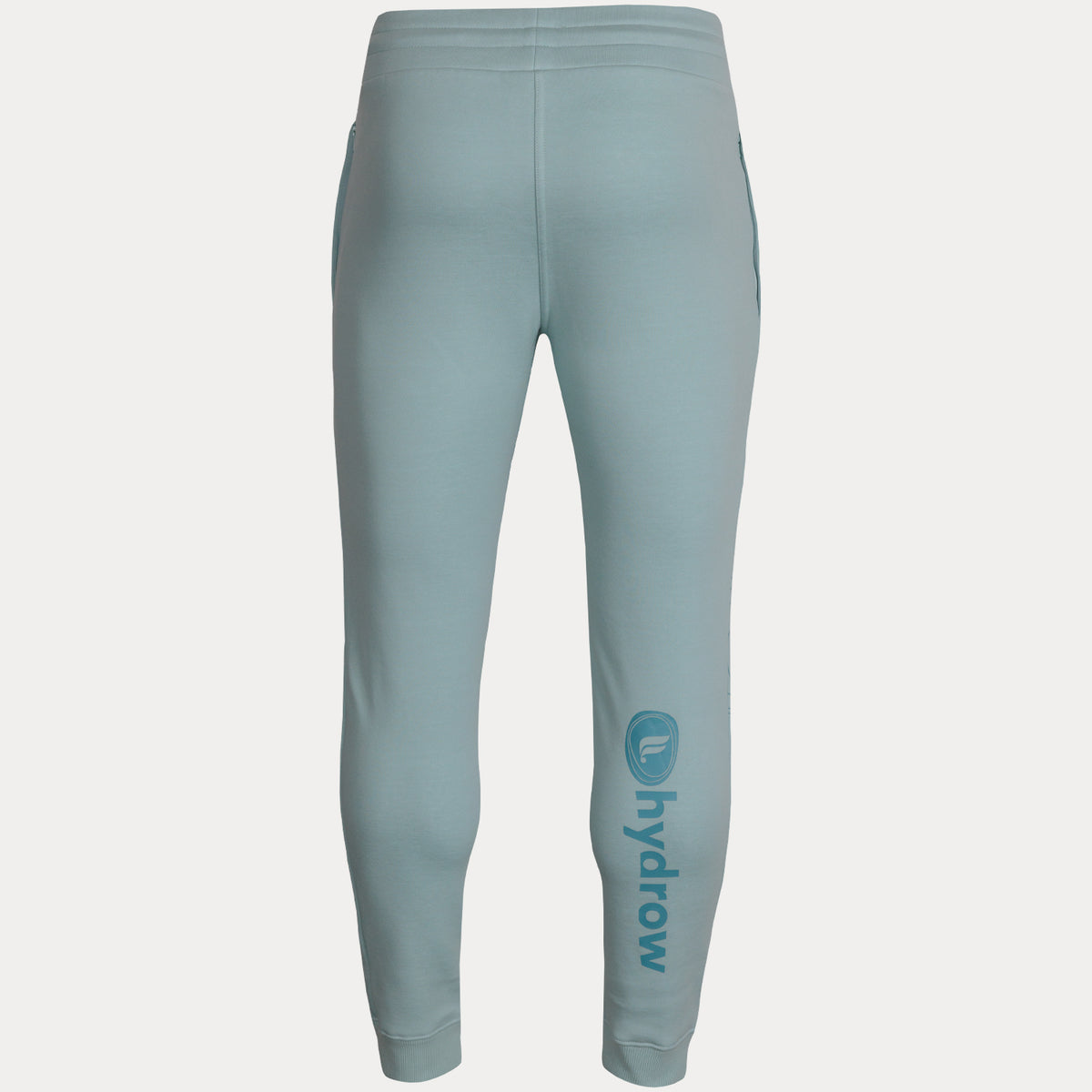 rear view of light blue jogger with hydrow logo on rear right calf