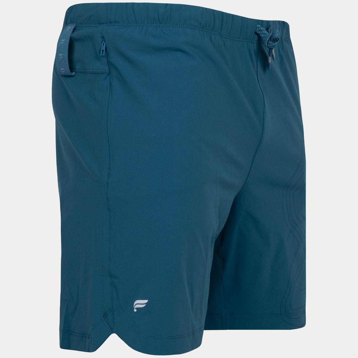 angled view of dark blue short showing white fablectics logo on right leg