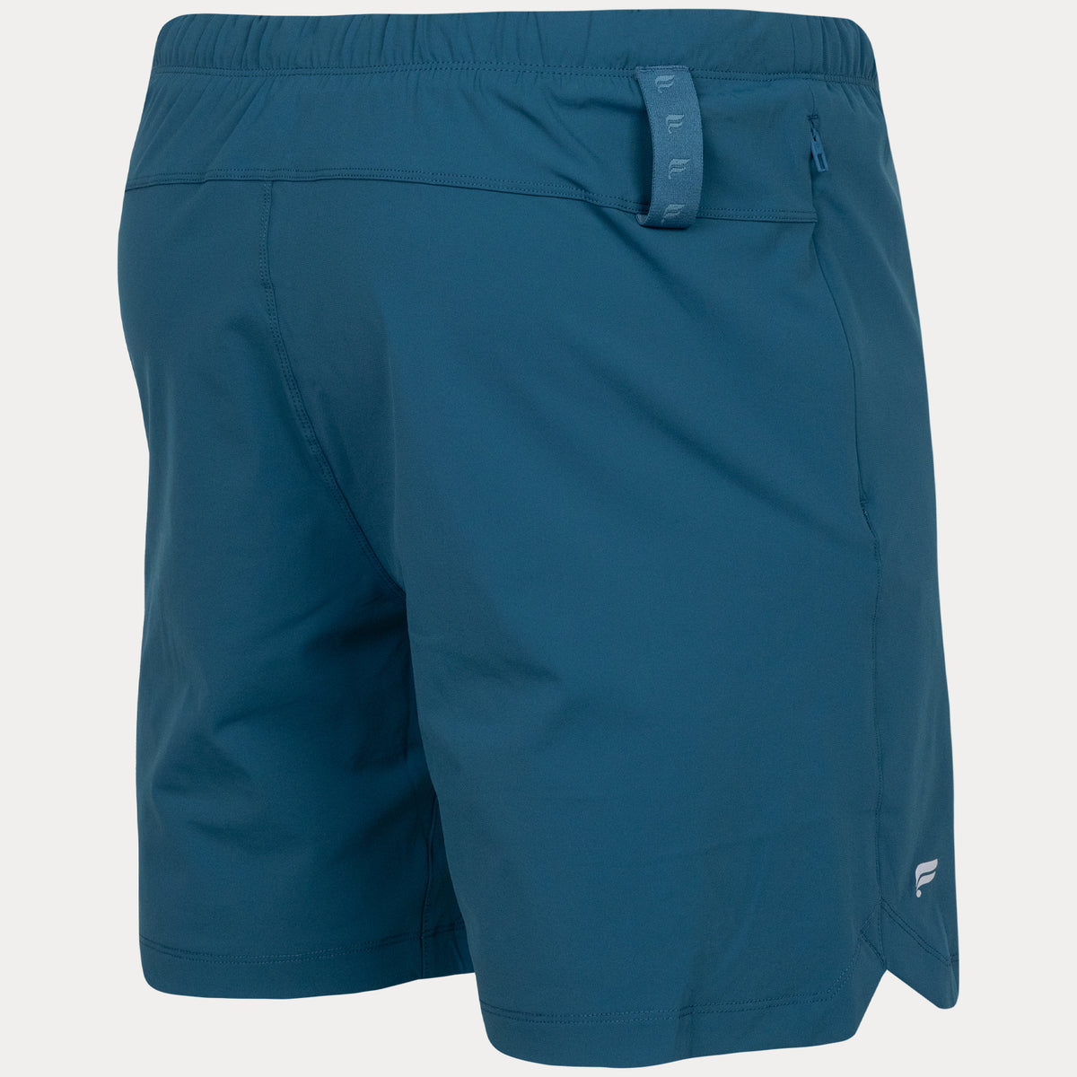 rear view of dark blue short showing loop under waistband on right rear