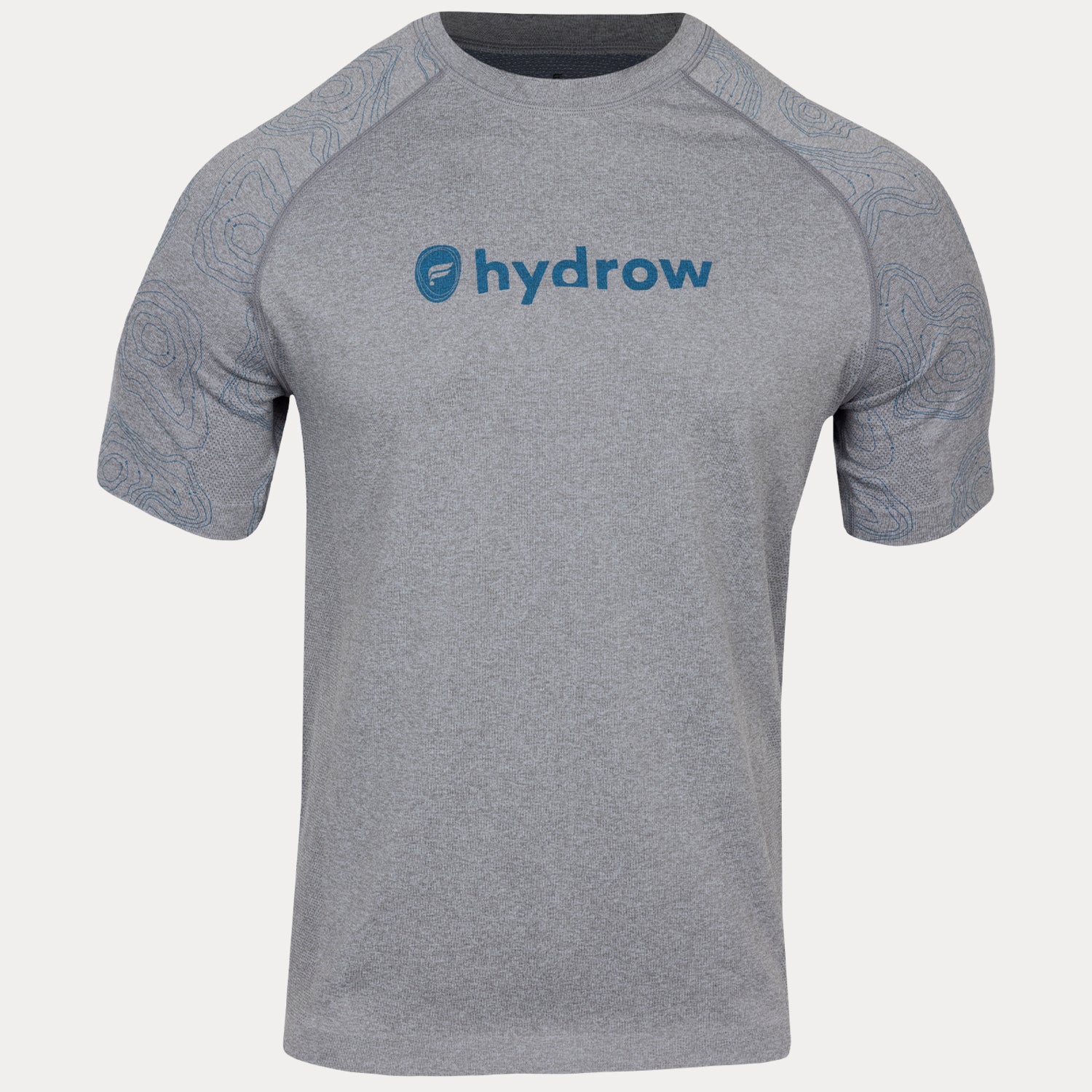 Grey short sleeve t-shirt with dark blue fabletics and hydrow logo on front