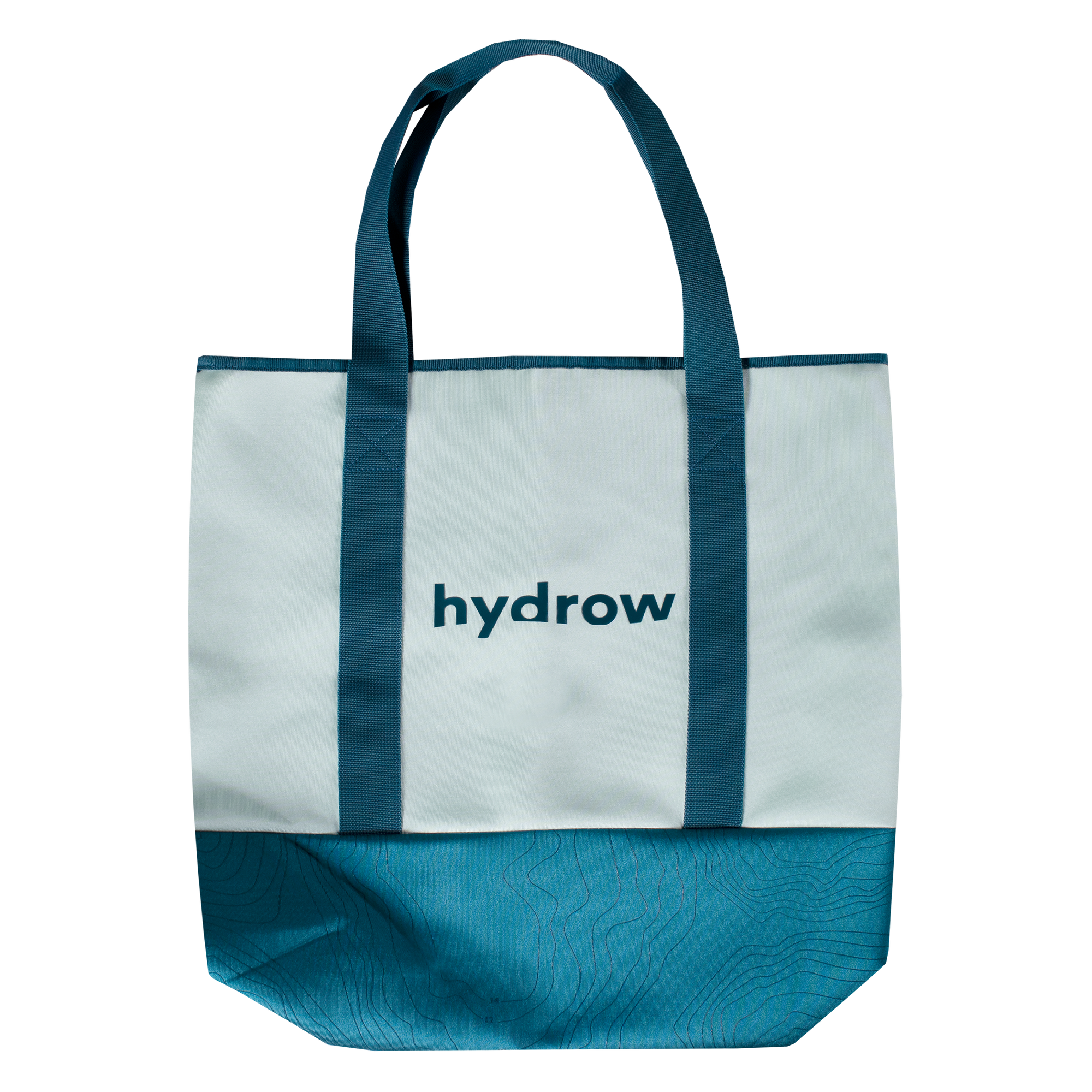 Front view of white and blue hydrow tote bag